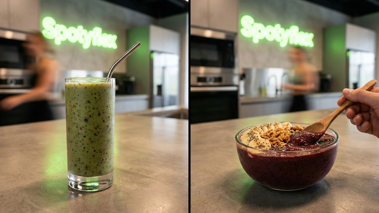 Eating a thick, colorful post-workout smoothie bowl with fresh fruit toppings
