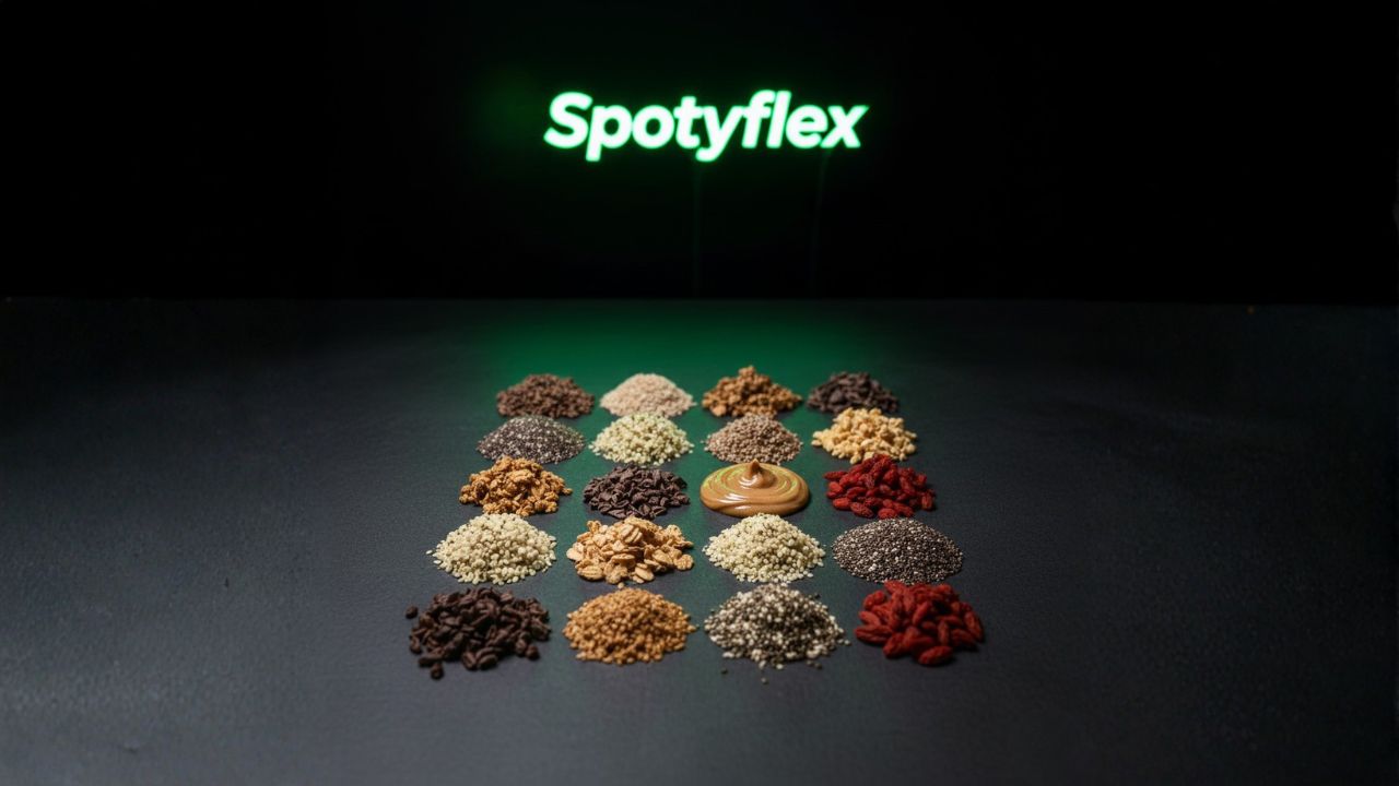 Smoothie bowl toppings including chia seeds, granola, and fresh fruit