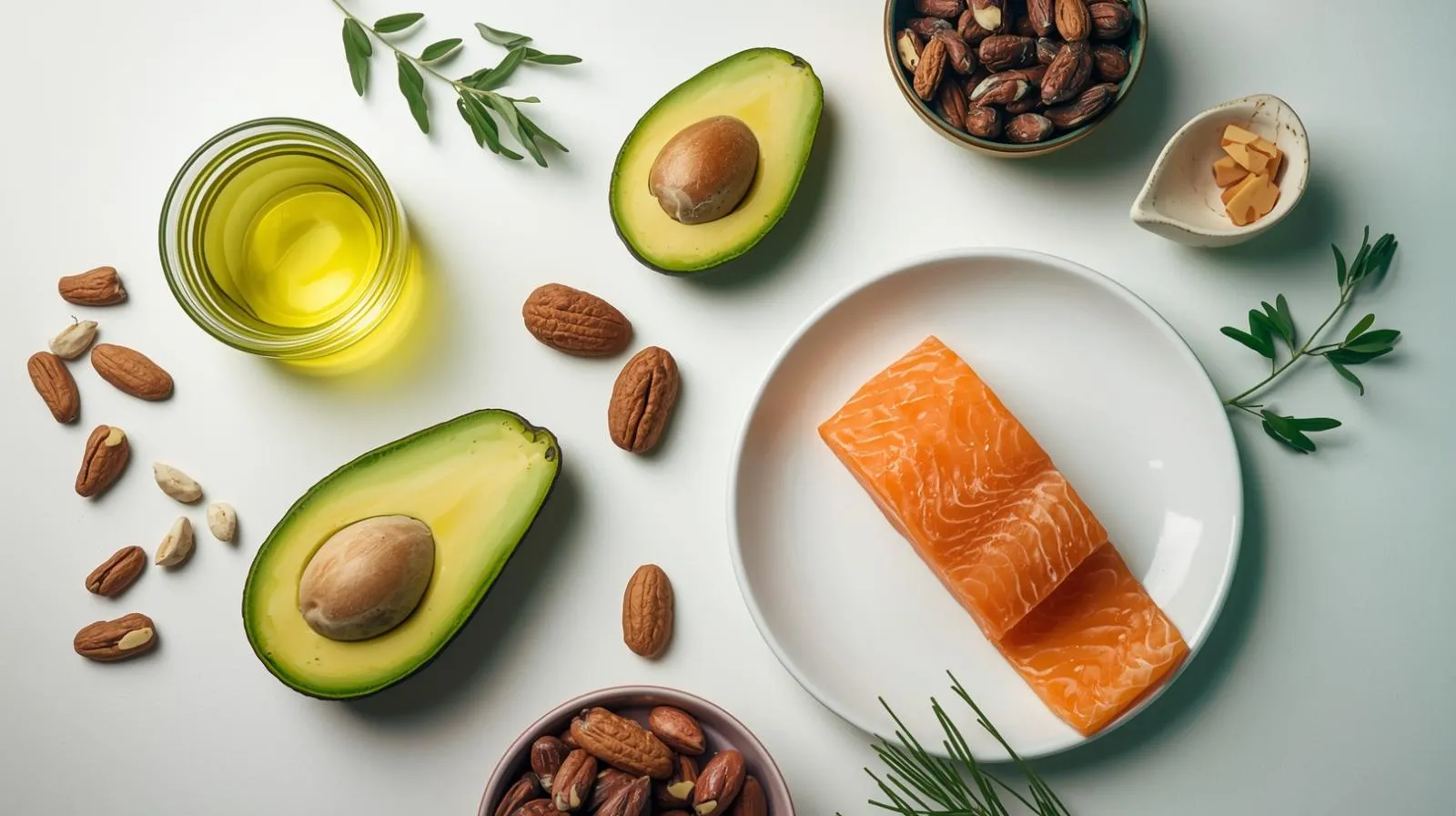 Healthy fats sources - avocados, nuts, and olive oil