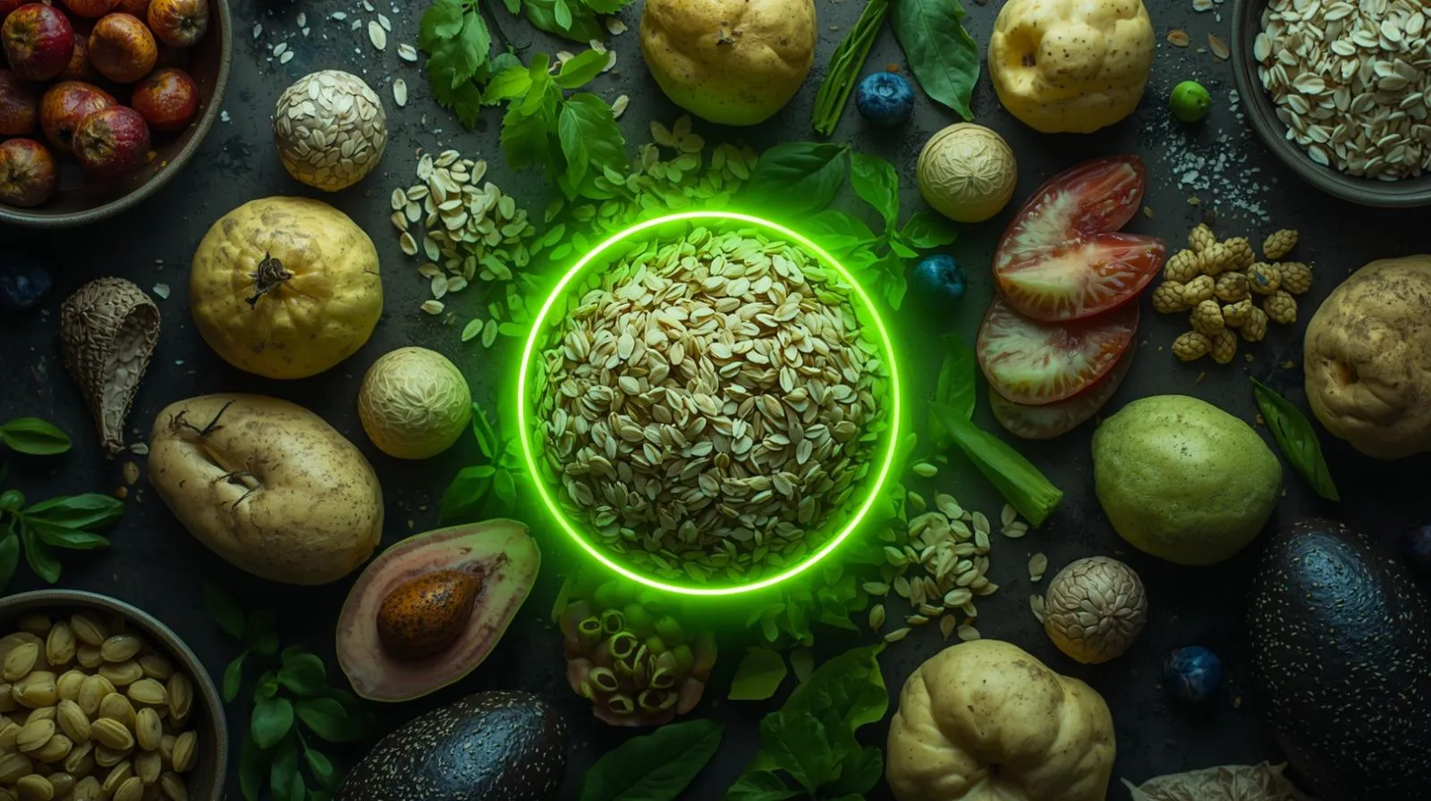 Healthy carbohydrates - rice, oats, and potatoes