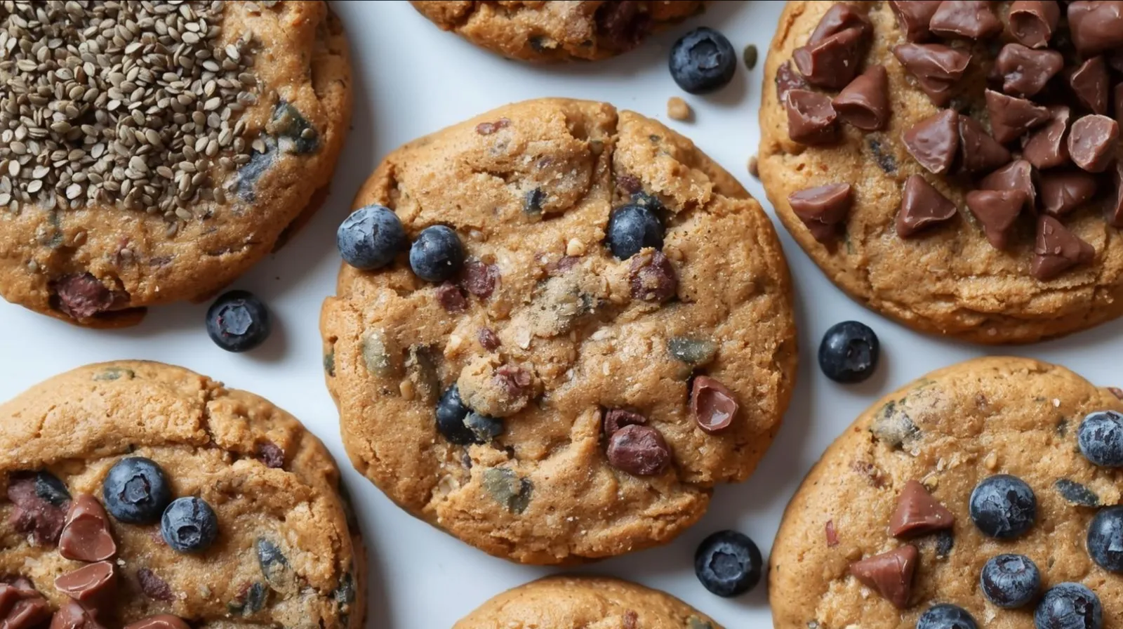 Creative pre-workout cookie mix-ins including chia seeds, cacao nibs, and chocolate chips