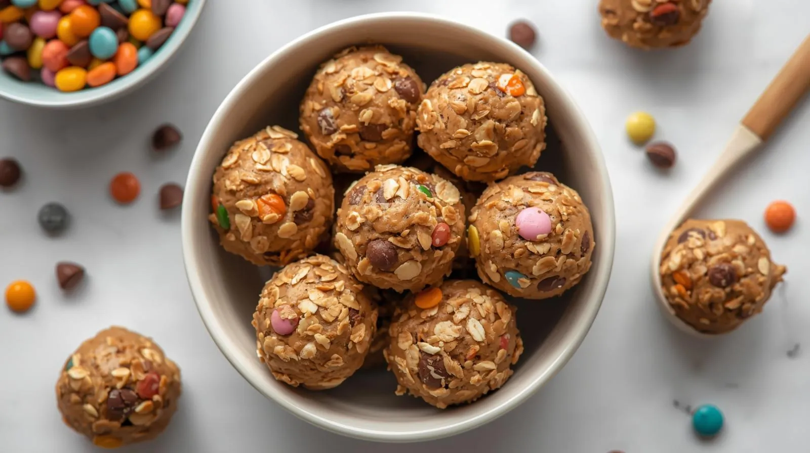 No-bake energy bites made with rolled oats, peanut butter, and maple syrup
