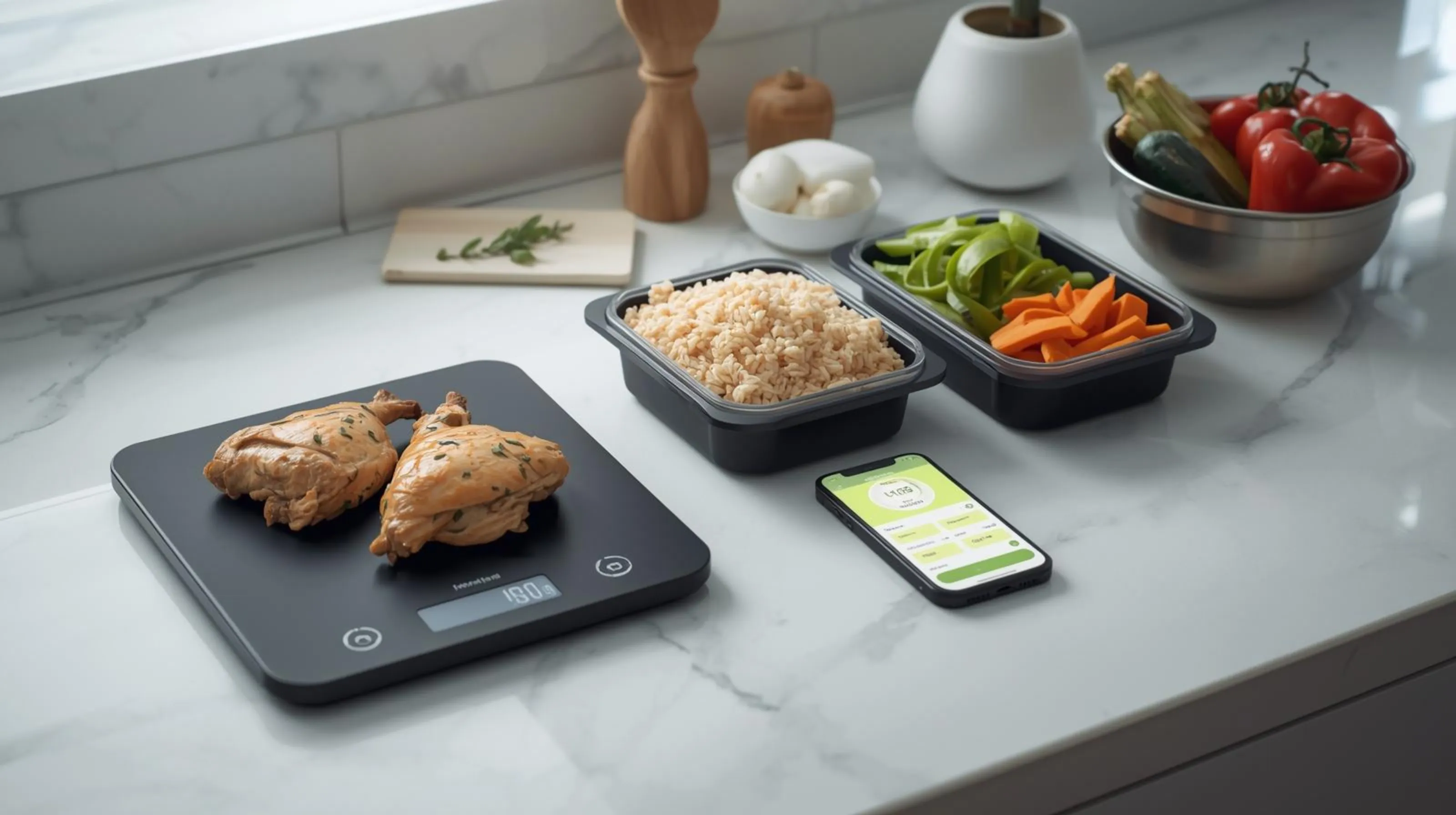 Digital food scale with healthy meal prep containers, chicken, rice, vegetables, and calorie tracking app