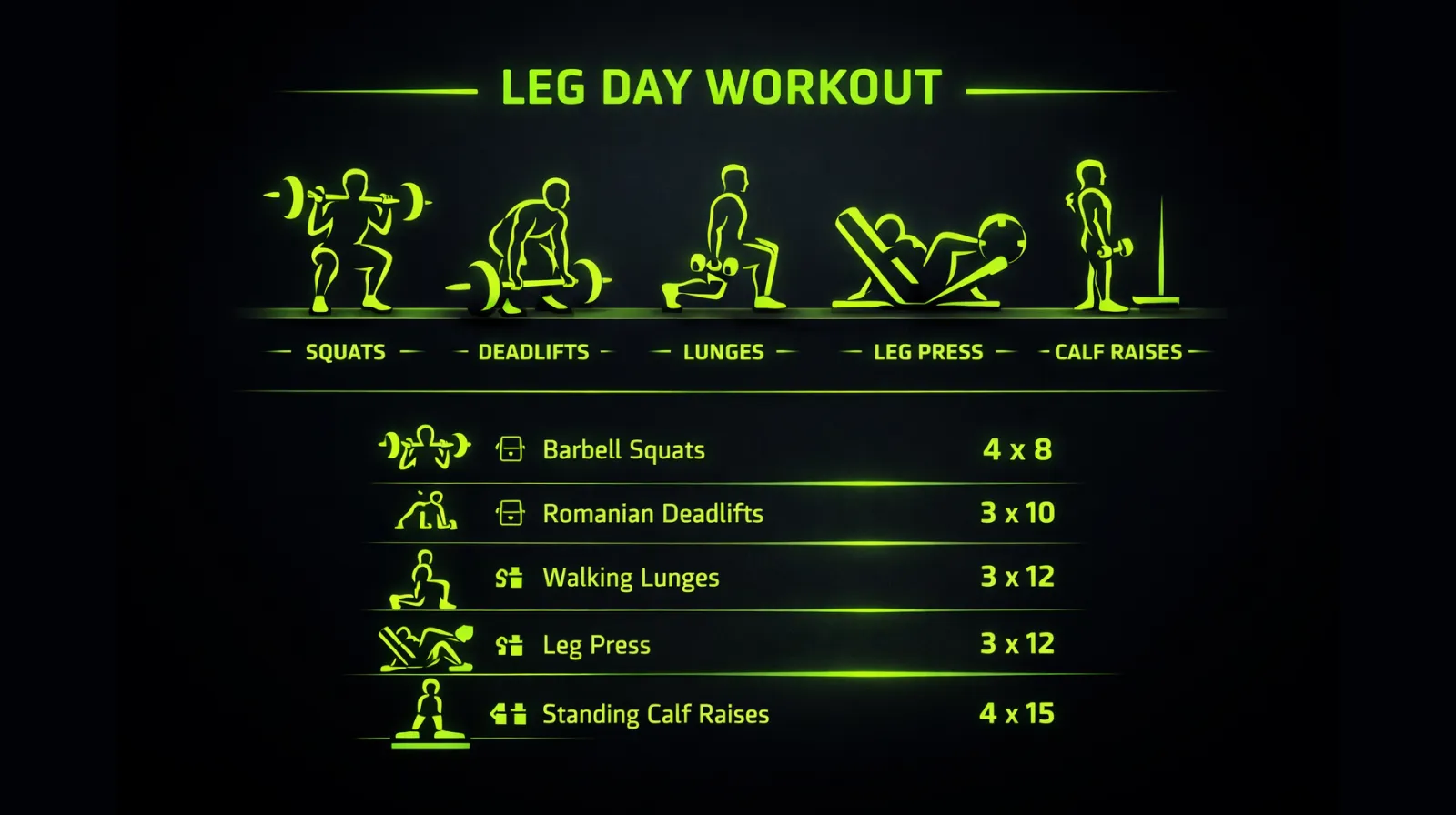 Leg day workout plan infographic showing squat deadlift lunges leg press and calf raises