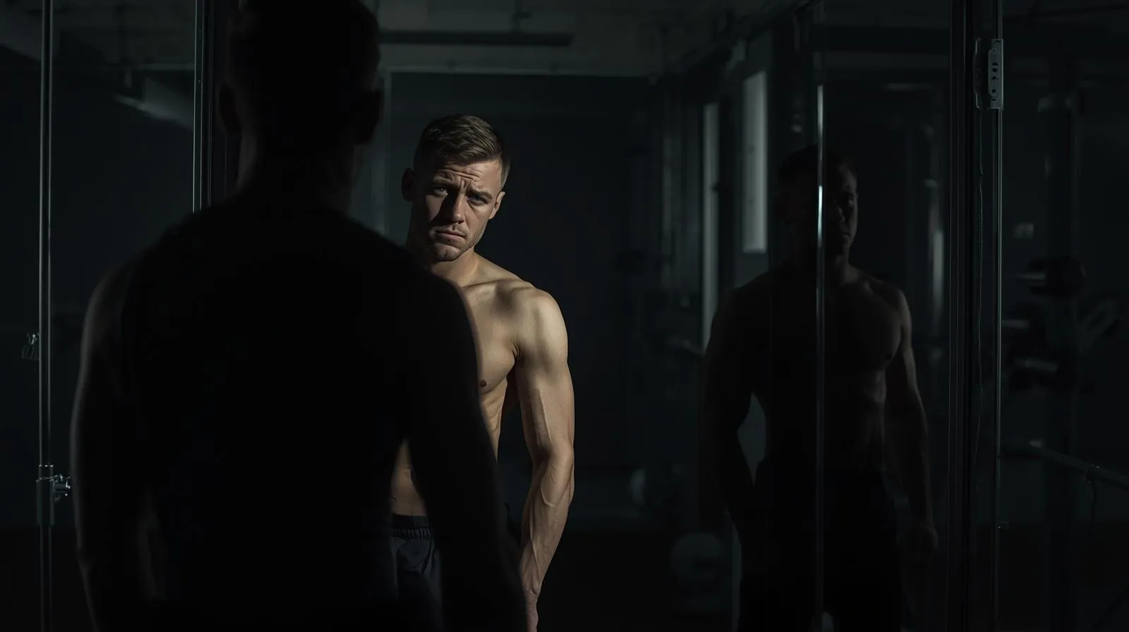 Person struggling with lack of fitness progress — moody gym atmosphere symbolizing frustration and stalled results