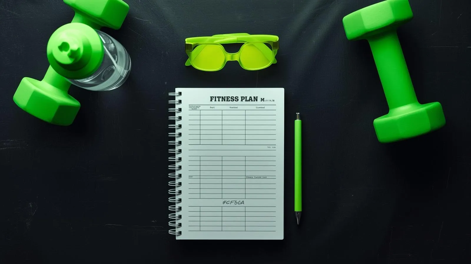 Minimal fitness setup with workout plan notebook, dumbbells, and neon green accents — the SpotFlex simple formula