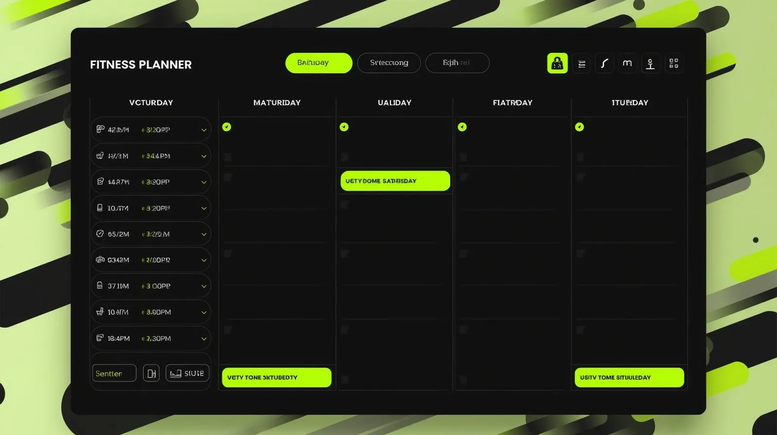 Weekly fitness planner layout with organized schedule — modern UI design with black and neon green accents