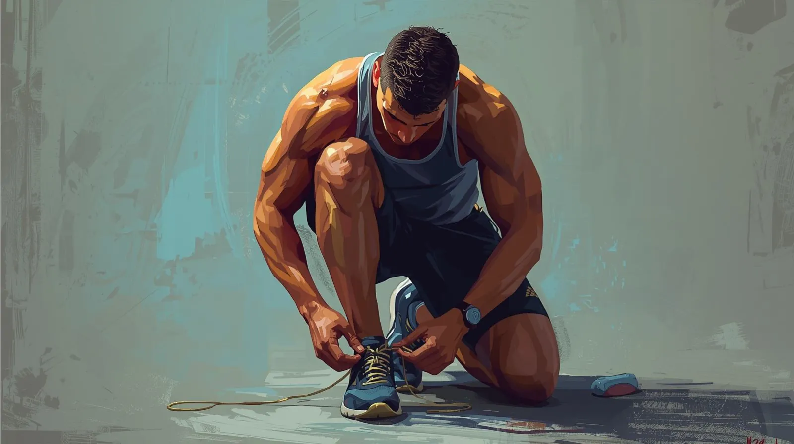 Athlete tying shoelaces before a workout — close-up symbolizing discipline, consistency, and readiness