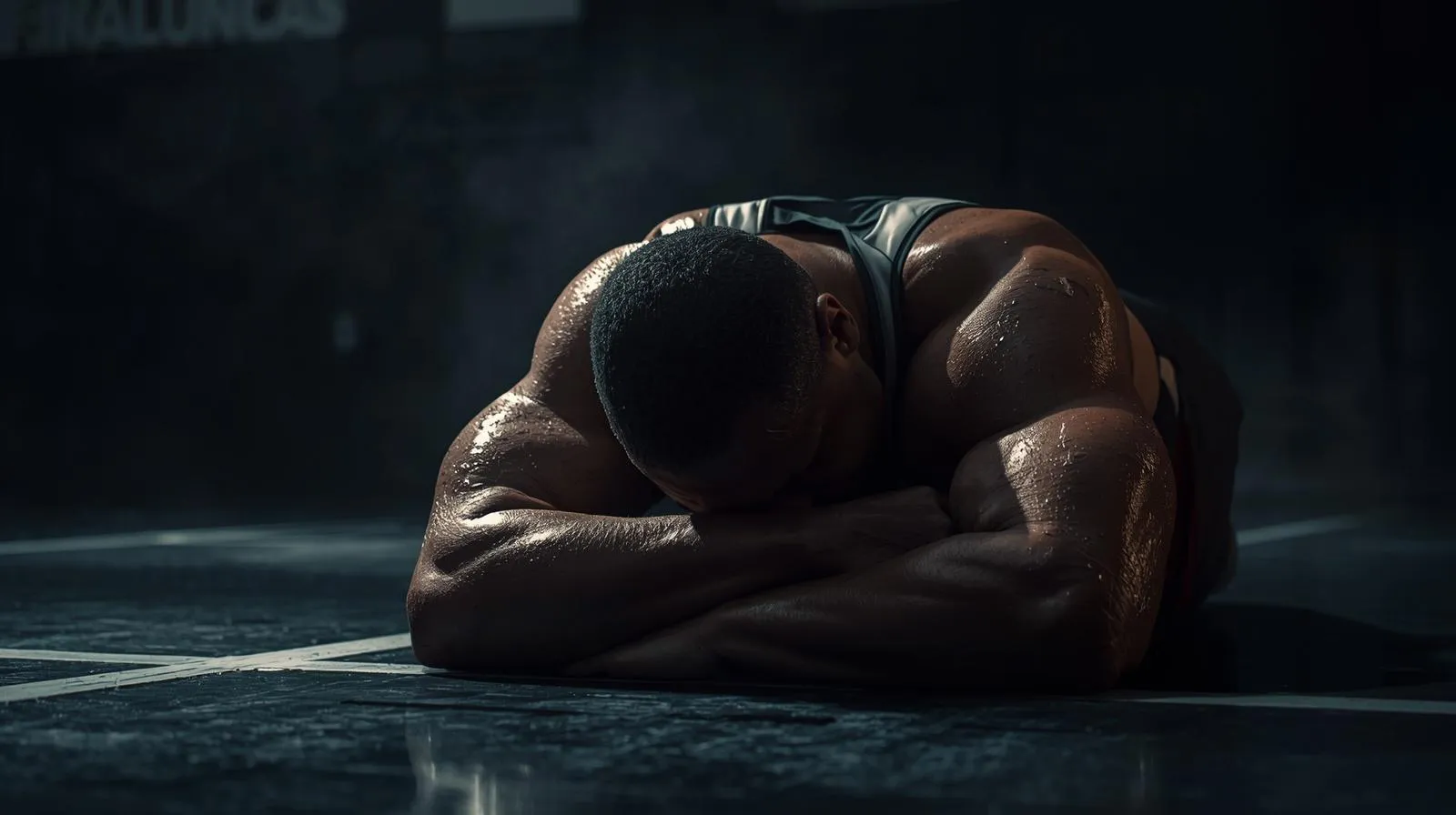Overtrained athlete sitting exhausted on gym floor — symbolizing burnout from overtraining