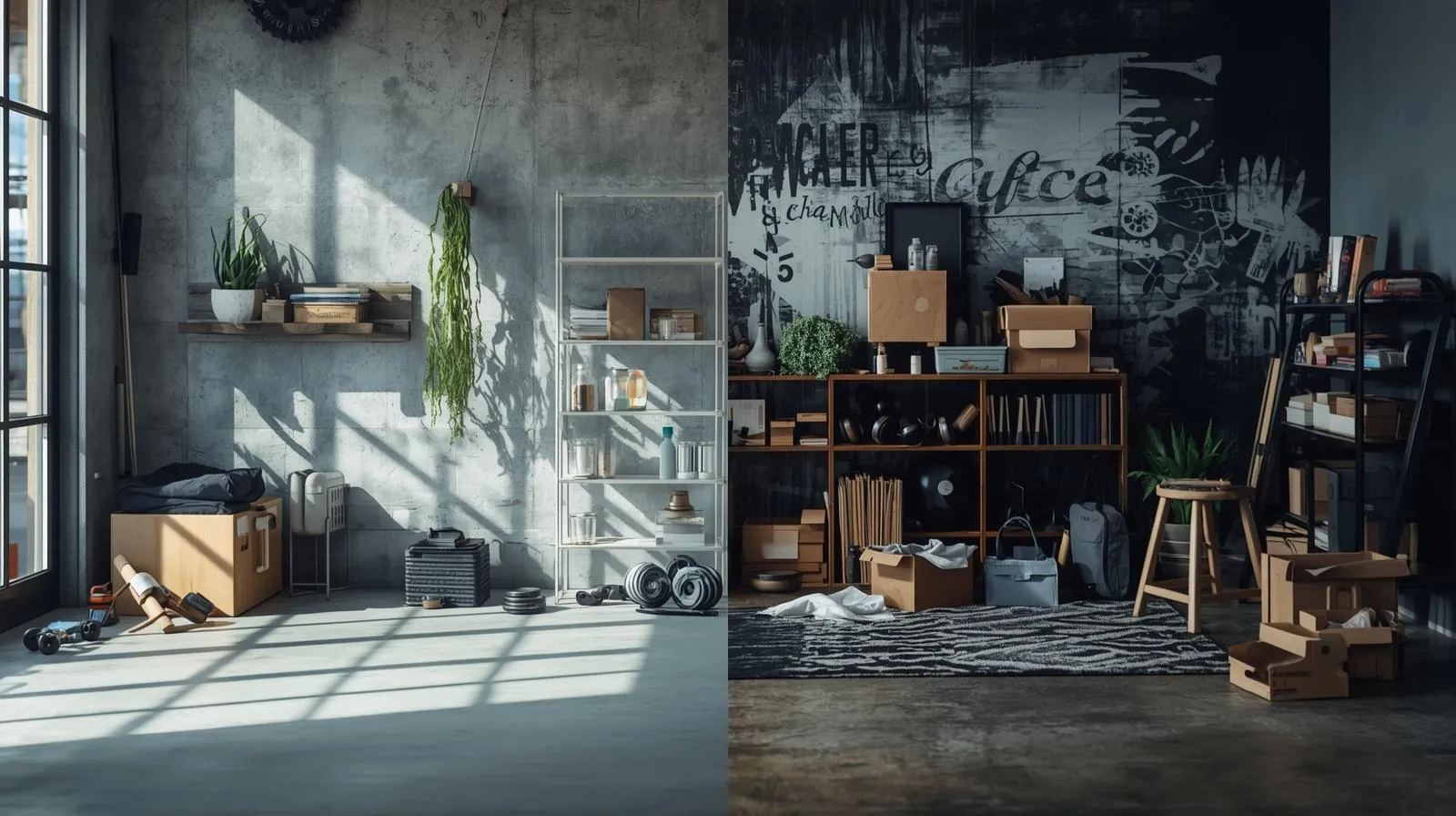 Split image comparing an organized fitness routine vs a chaotic one — consistency vs perfection
