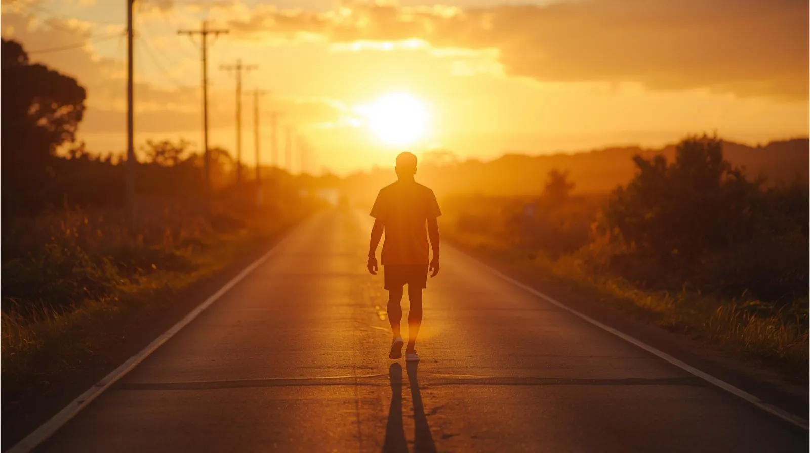 Person walking steadily on a long road at sunrise — symbolizing long-term consistency in fitness