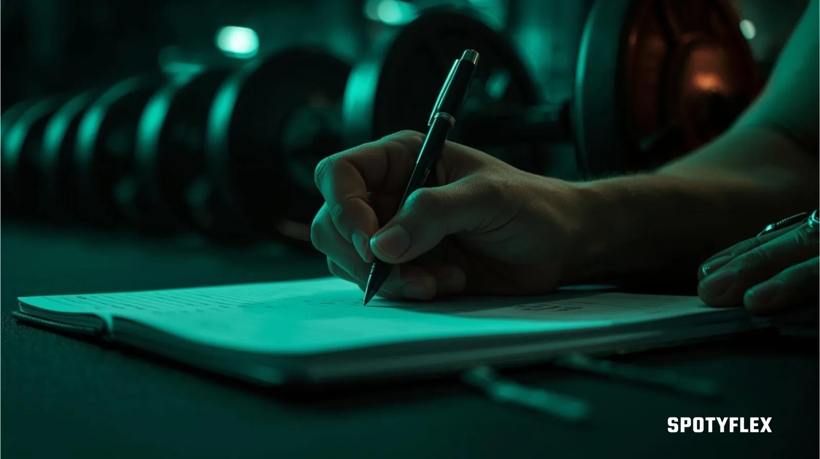 Athlete recording workout data in a notebook to ensure consistent progressive overload