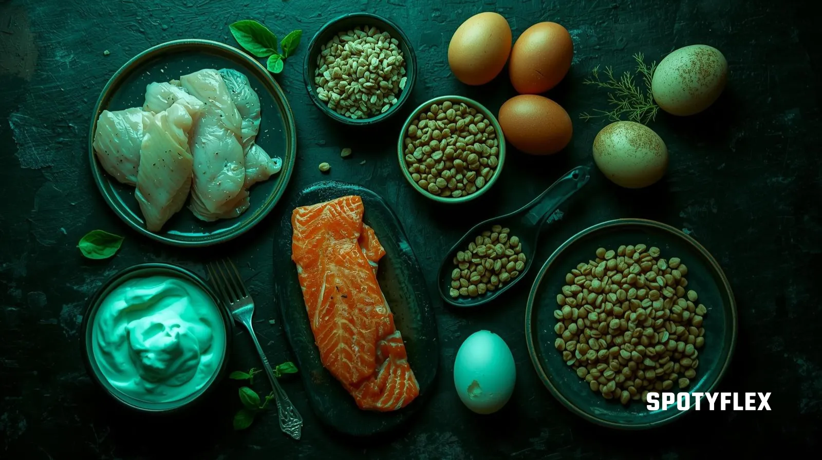 Variety of high protein foods including chicken, salmon, eggs, and Greek yogurt