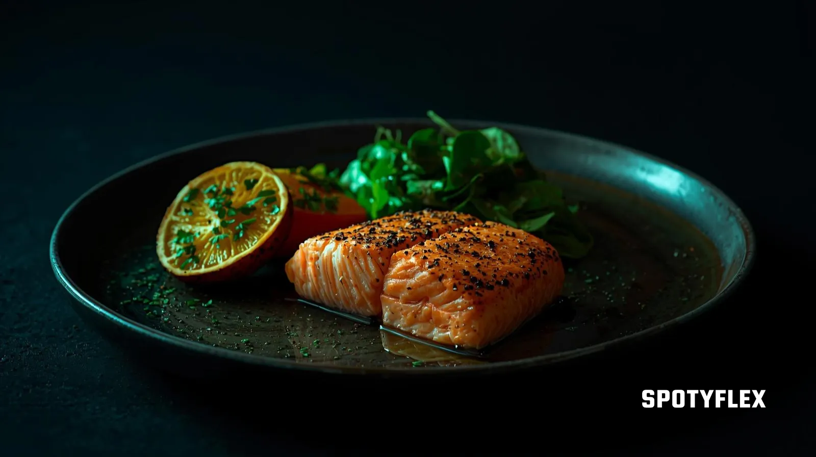 Perfectly plated grilled salmon with sweet potato and salad on a dark plate