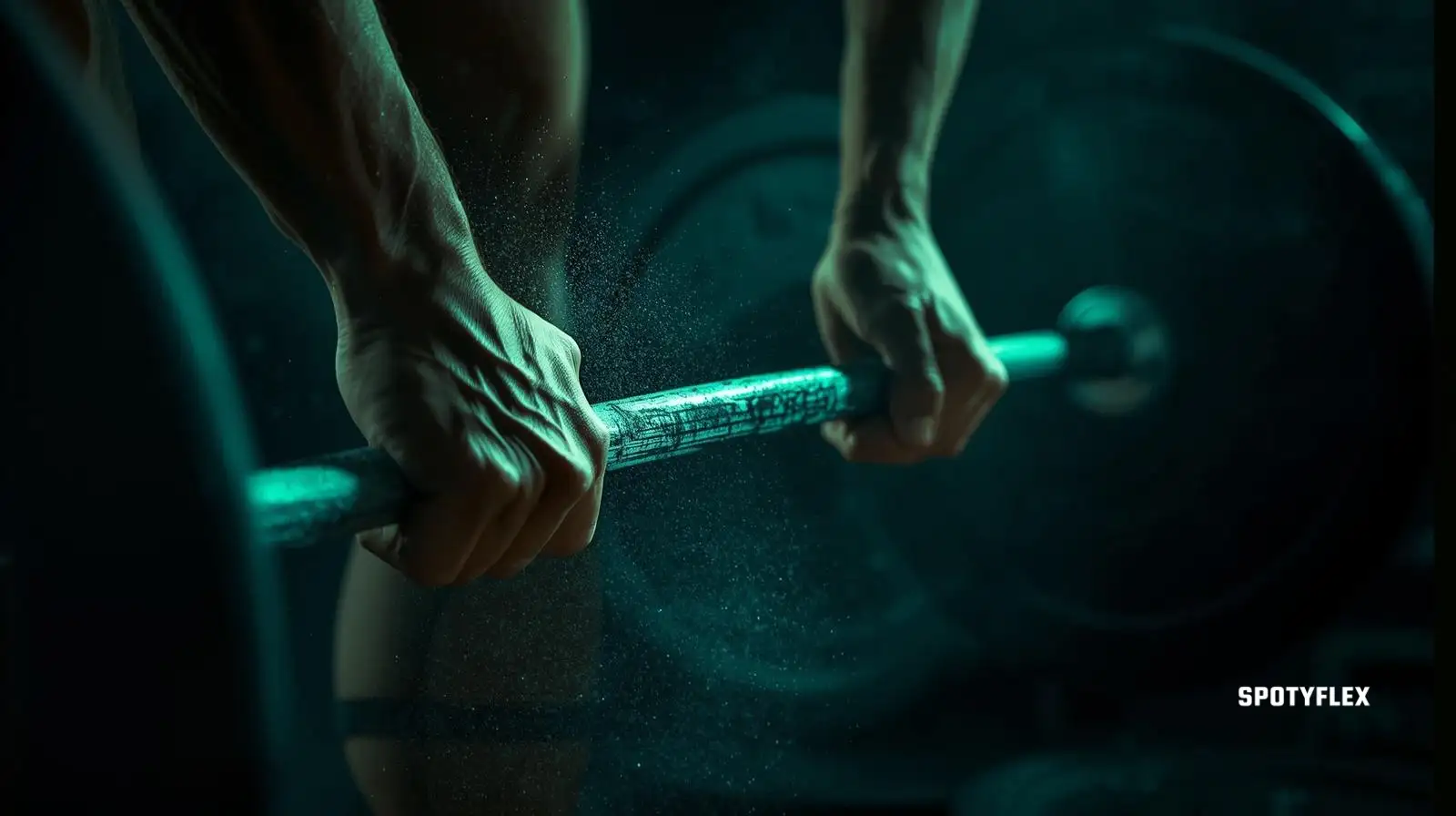 Close-up of hands gripping a loaded barbell in a gym