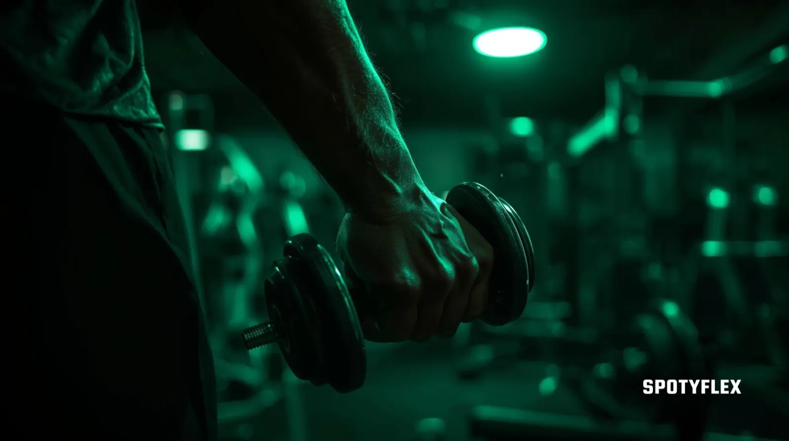 Close-up of a muscular forearm gripping a dumbbell in a dark gym