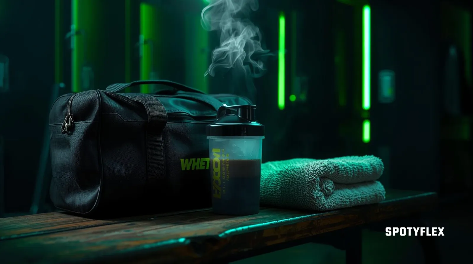 Shaker bottle with protein powder in a dark gym locker room