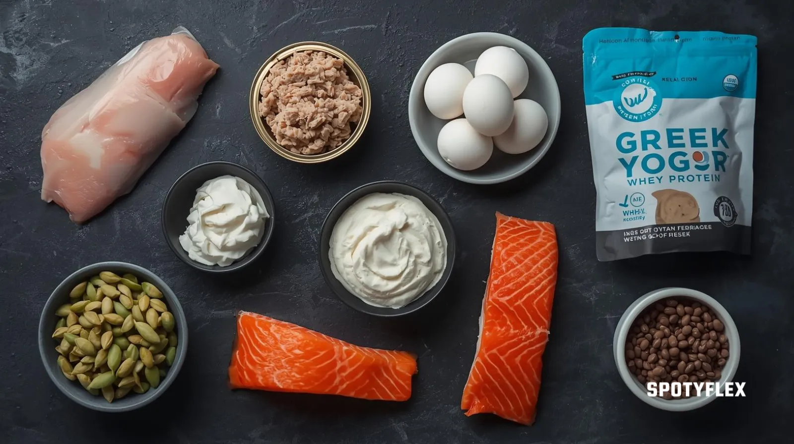 Top-down flat lay of best high-protein foods on dark slate