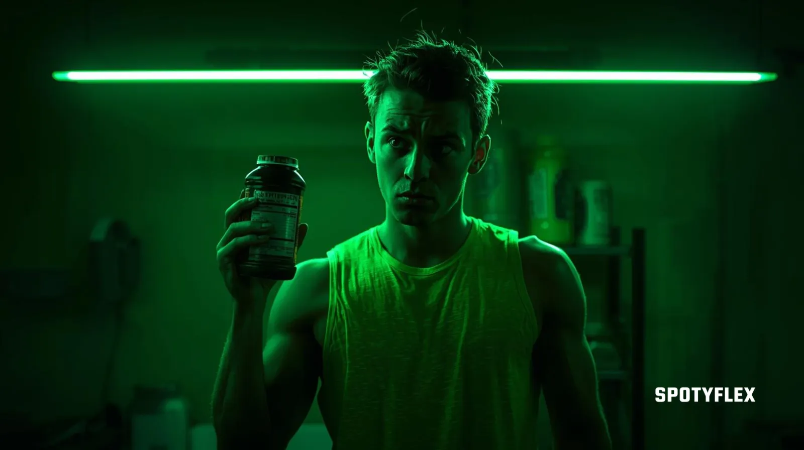 Person studying nutrition label on protein shake bottle