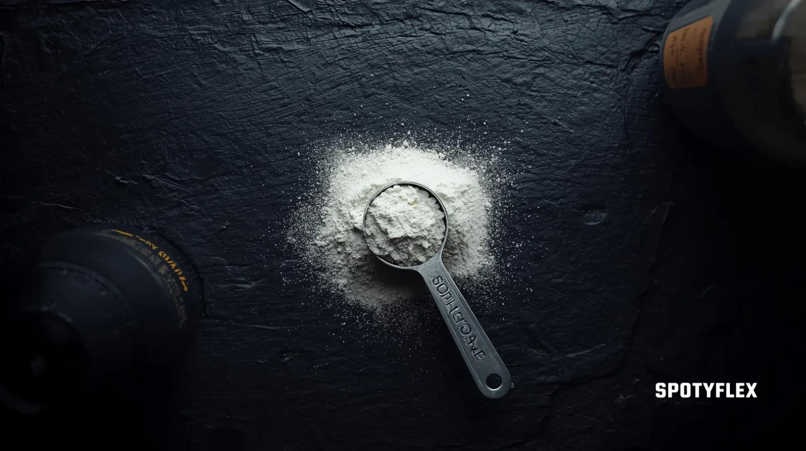 Creatine monohydrate powder in a scoop next to various supplement forms