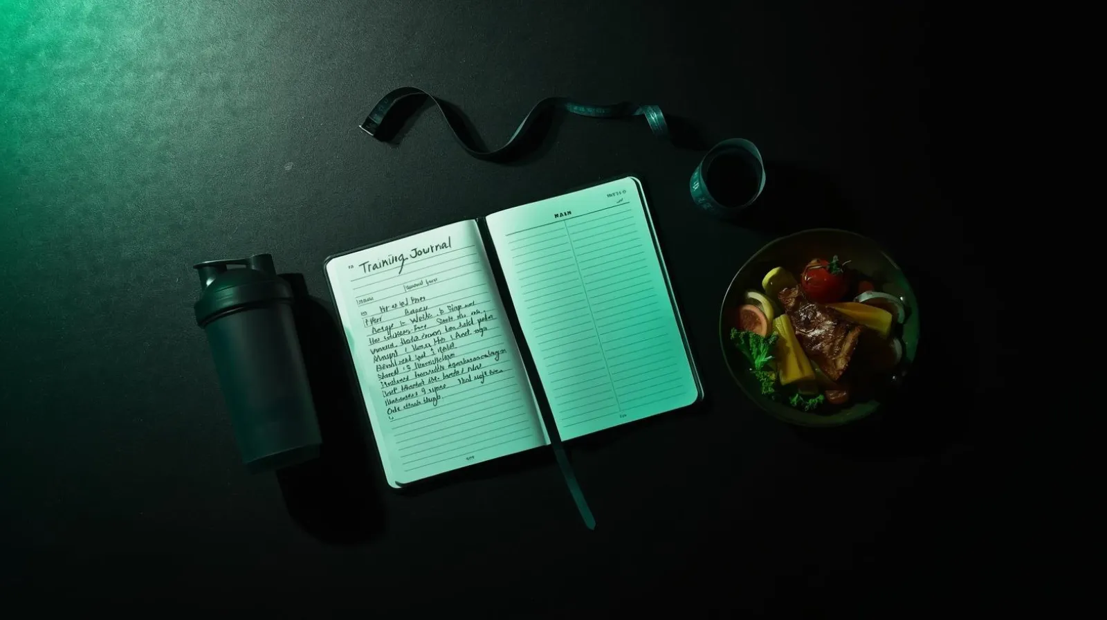 Recomp protocol — training journal, protein shaker and nutrition setup flat lay