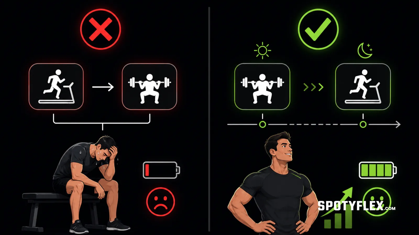 Diagram showing correct vs incorrect hybrid training session sequencing to avoid the interference effect