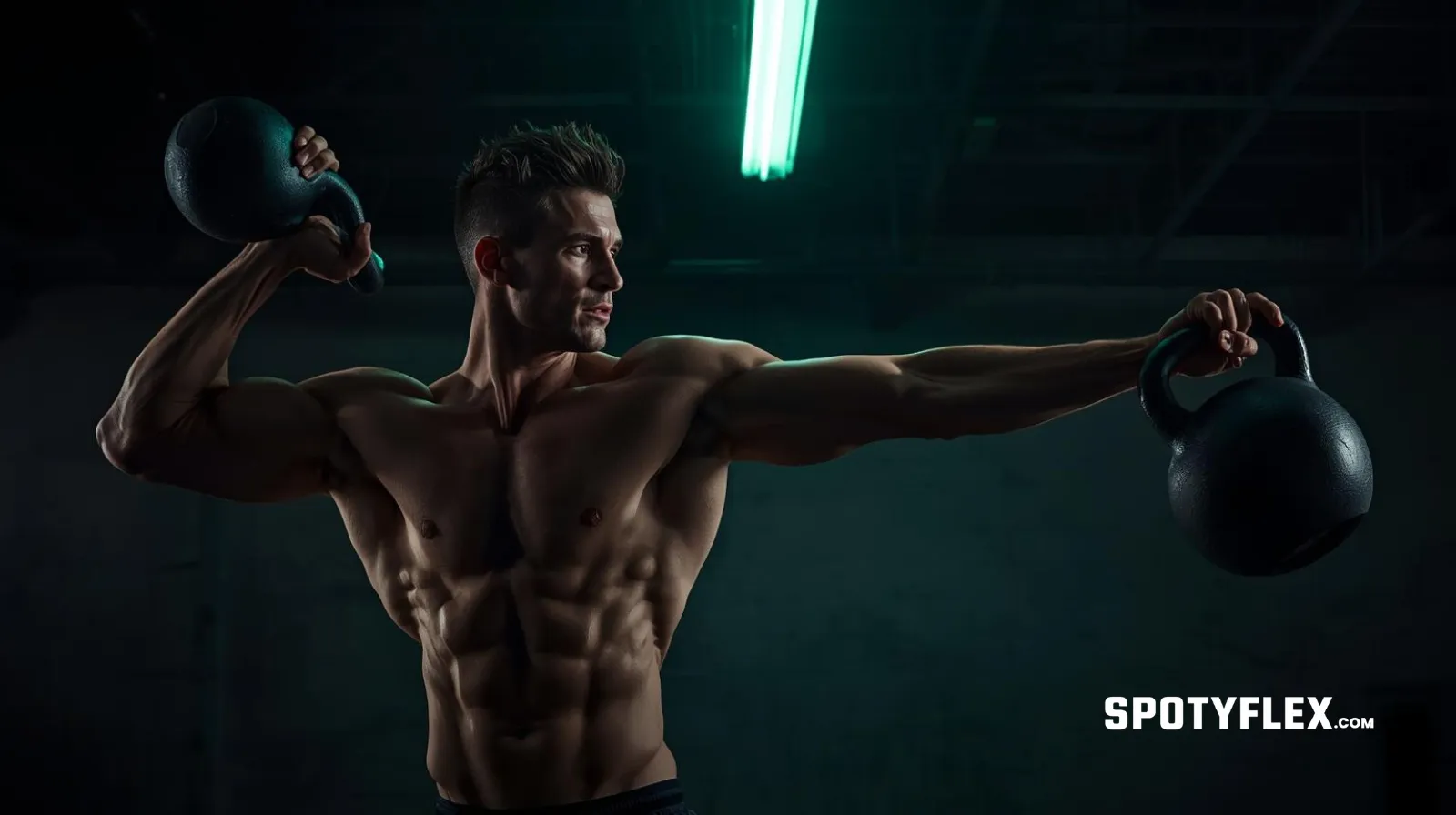 Athletic hybrid trainee performing dynamic kettlebell lunge — combining strength and conditioning in one movement