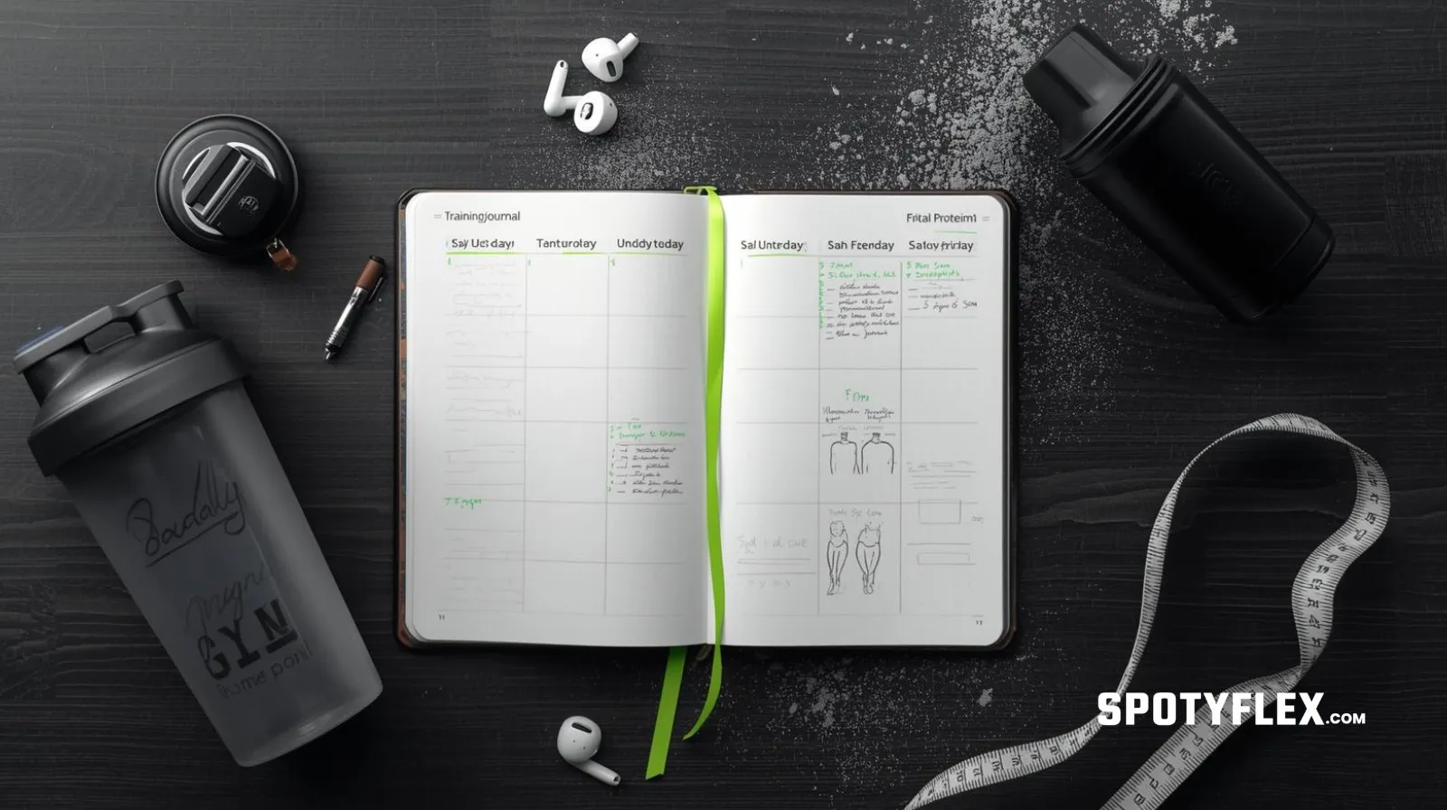 Hybrid training weekly workout schedule written in a fitness journal with gym accessories around it