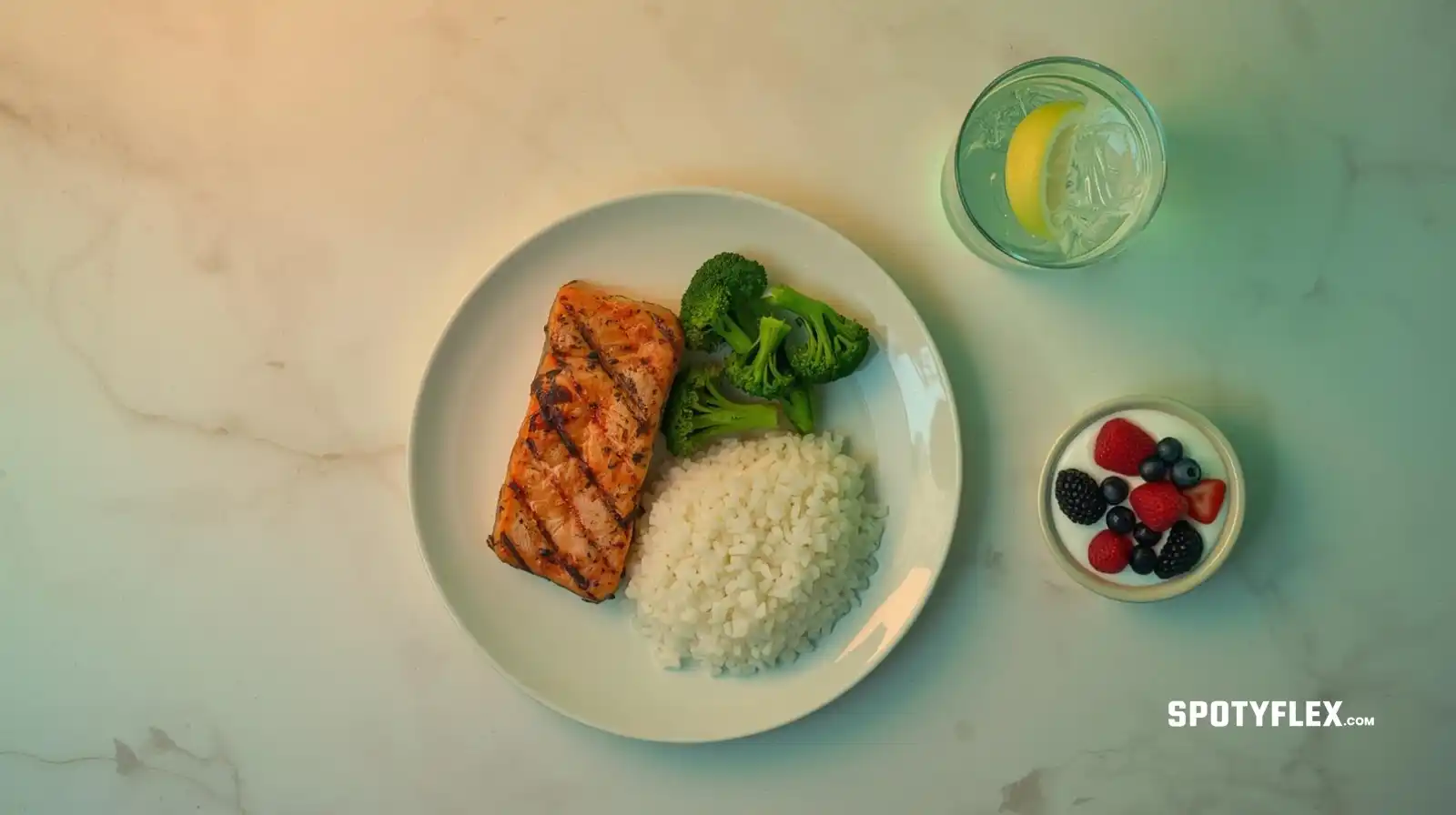 Post-workout meal of grilled salmon, rice, and broccoli next to a bowl of Greek yogurt with berries