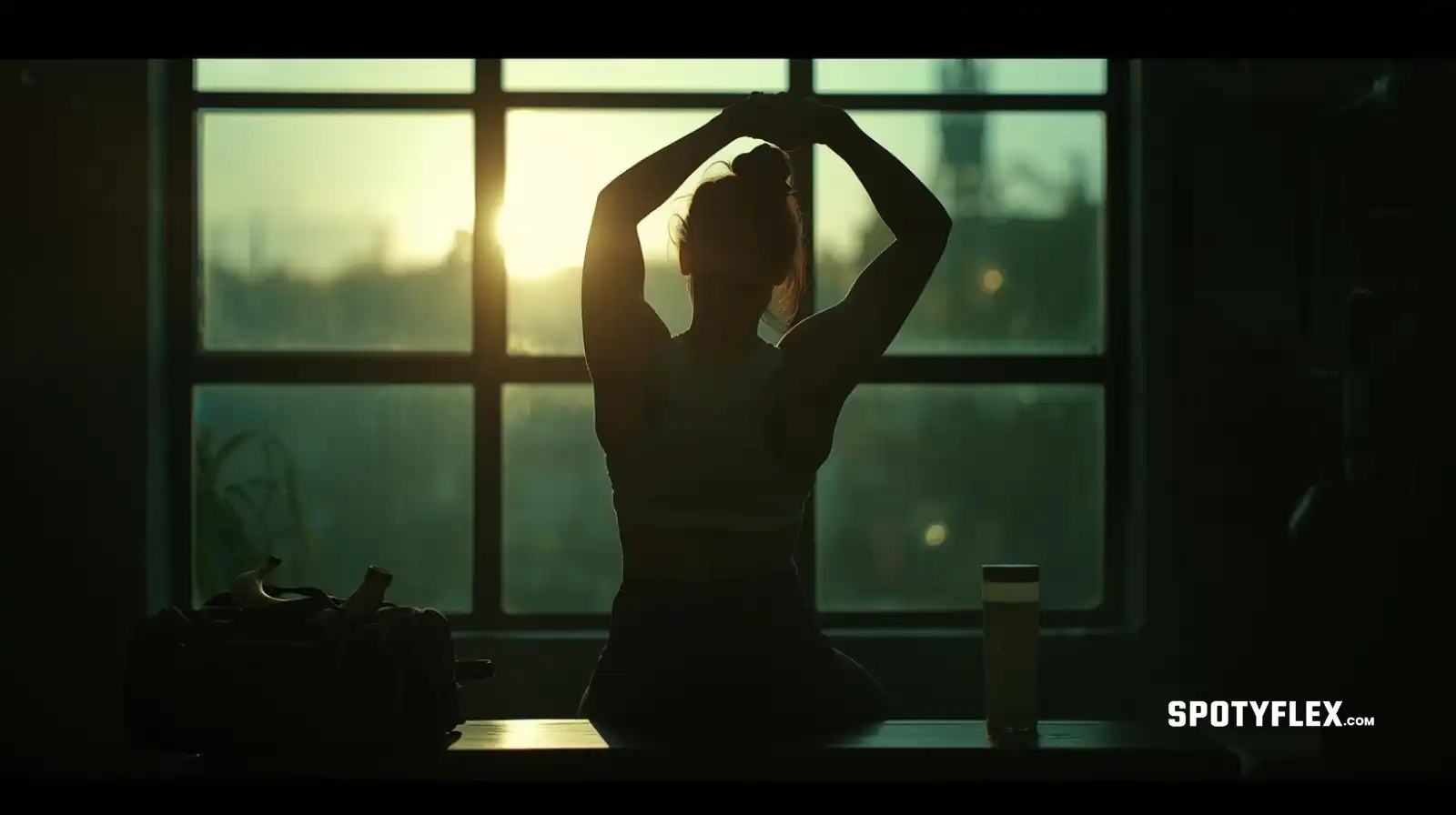 Person warming up in gym at sunrise with a banana and shaker bottle nearby