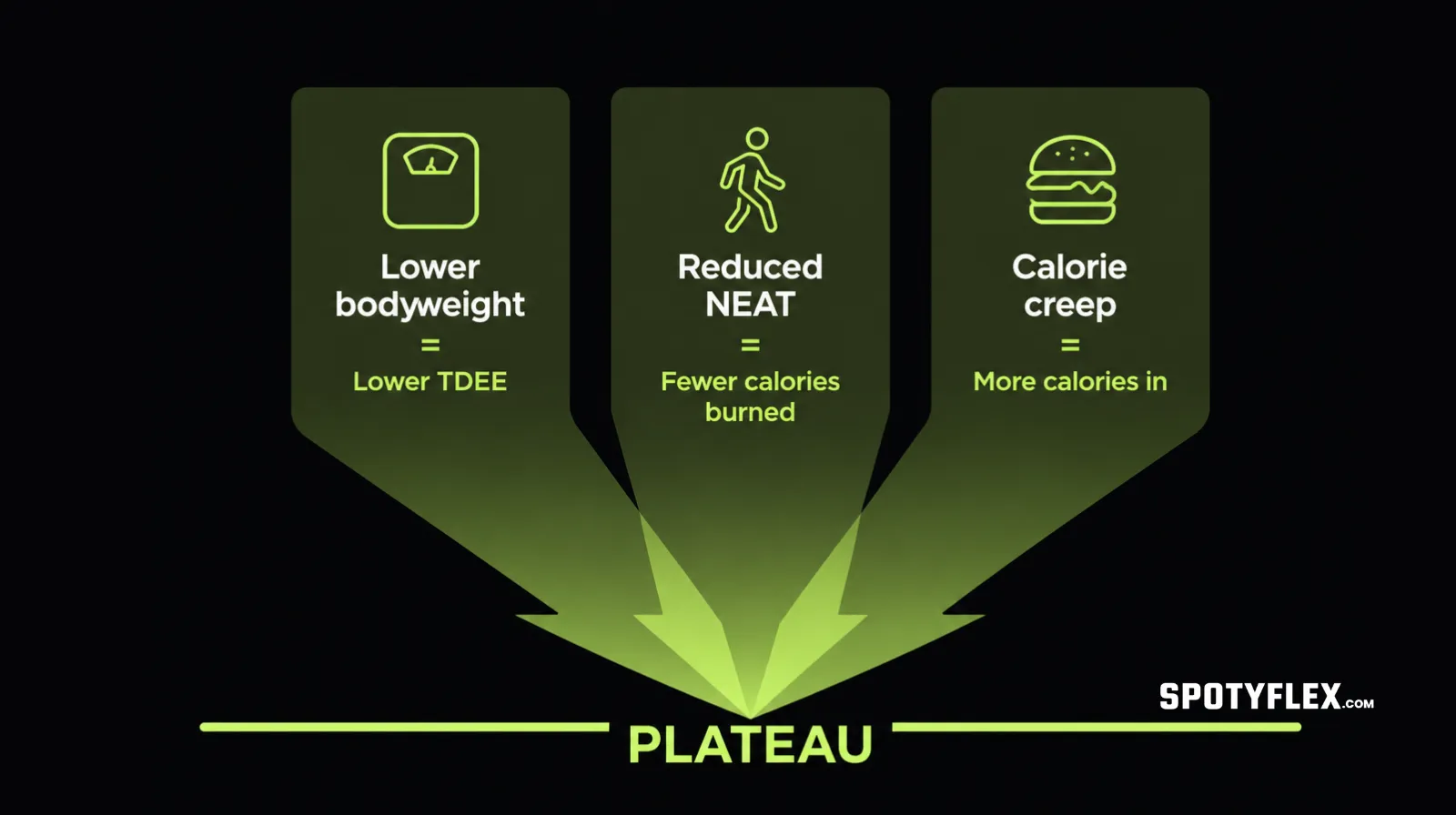 Diagram showing TDEE drop, reduced NEAT, and calorie creep converging into plateau