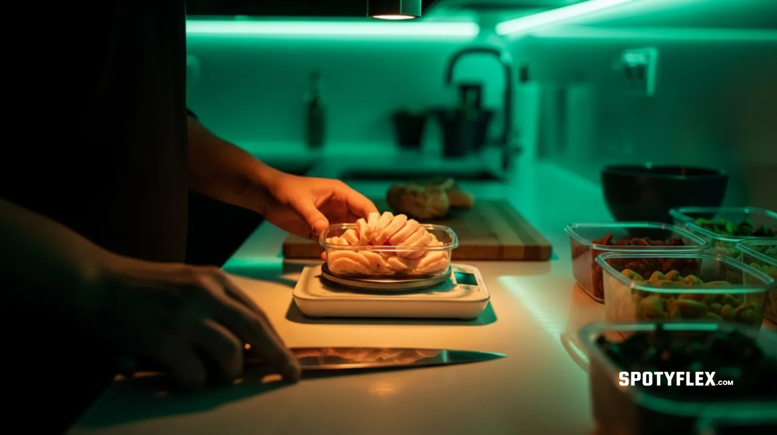 Person weighing food on a digital kitchen scale