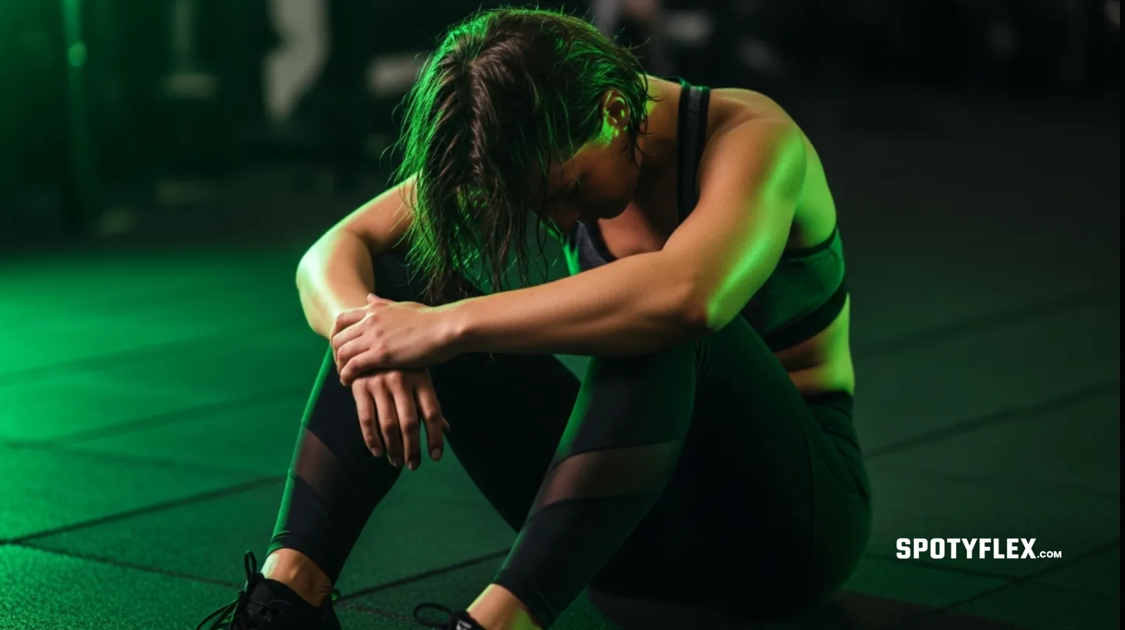 Tired person sitting on gym floor after a brutal workout