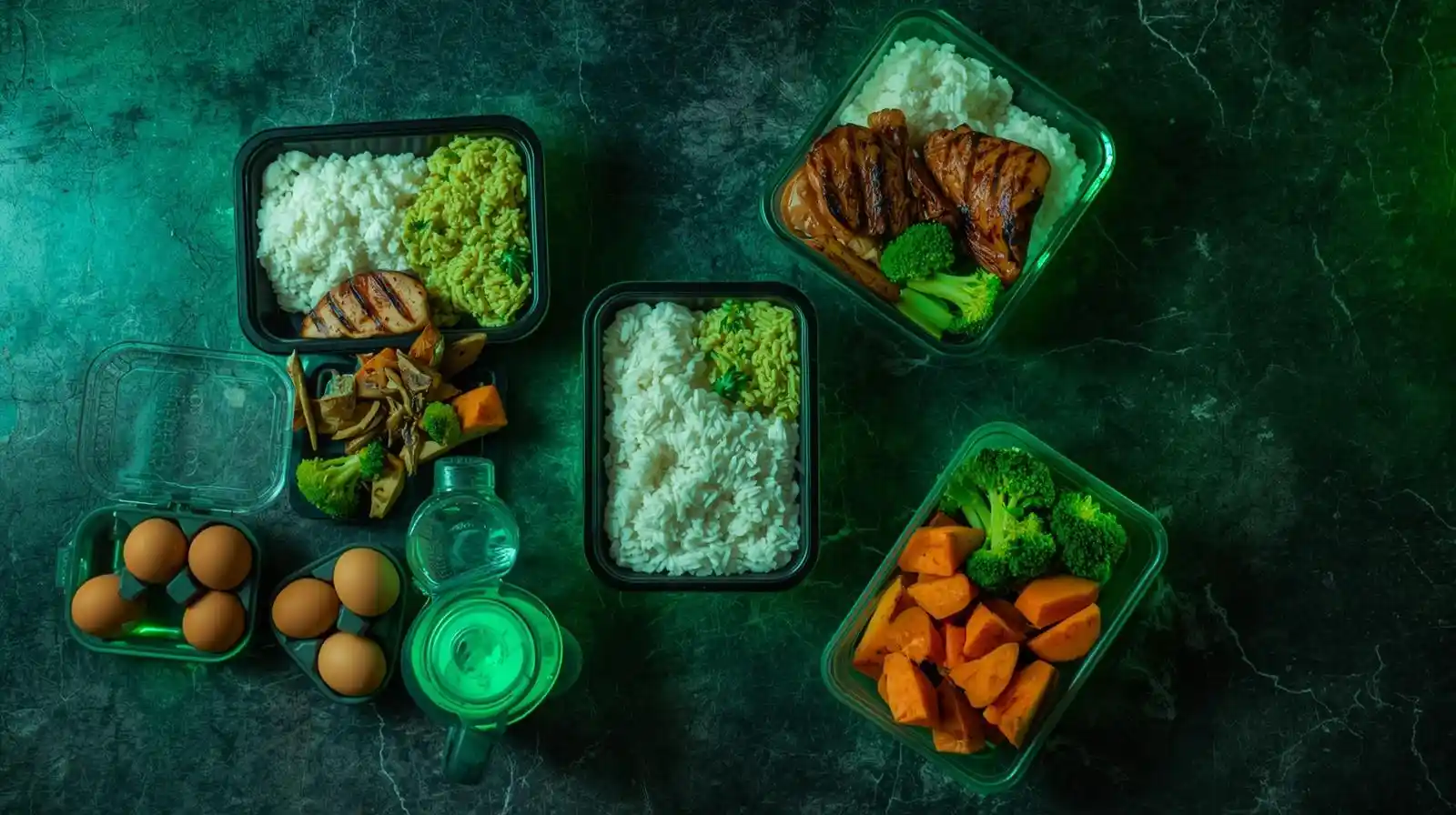 Bulking meal prep: rice, chicken, sweet potatoes, eggs and protein shake laid out in meal containers