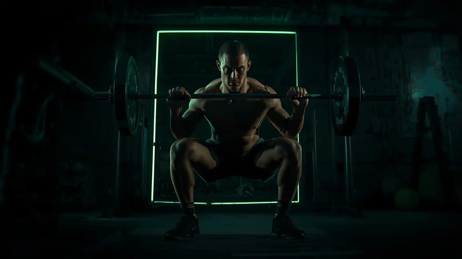 Lean athlete performing heavy barbell squats during a cutting phase in a dark gym
