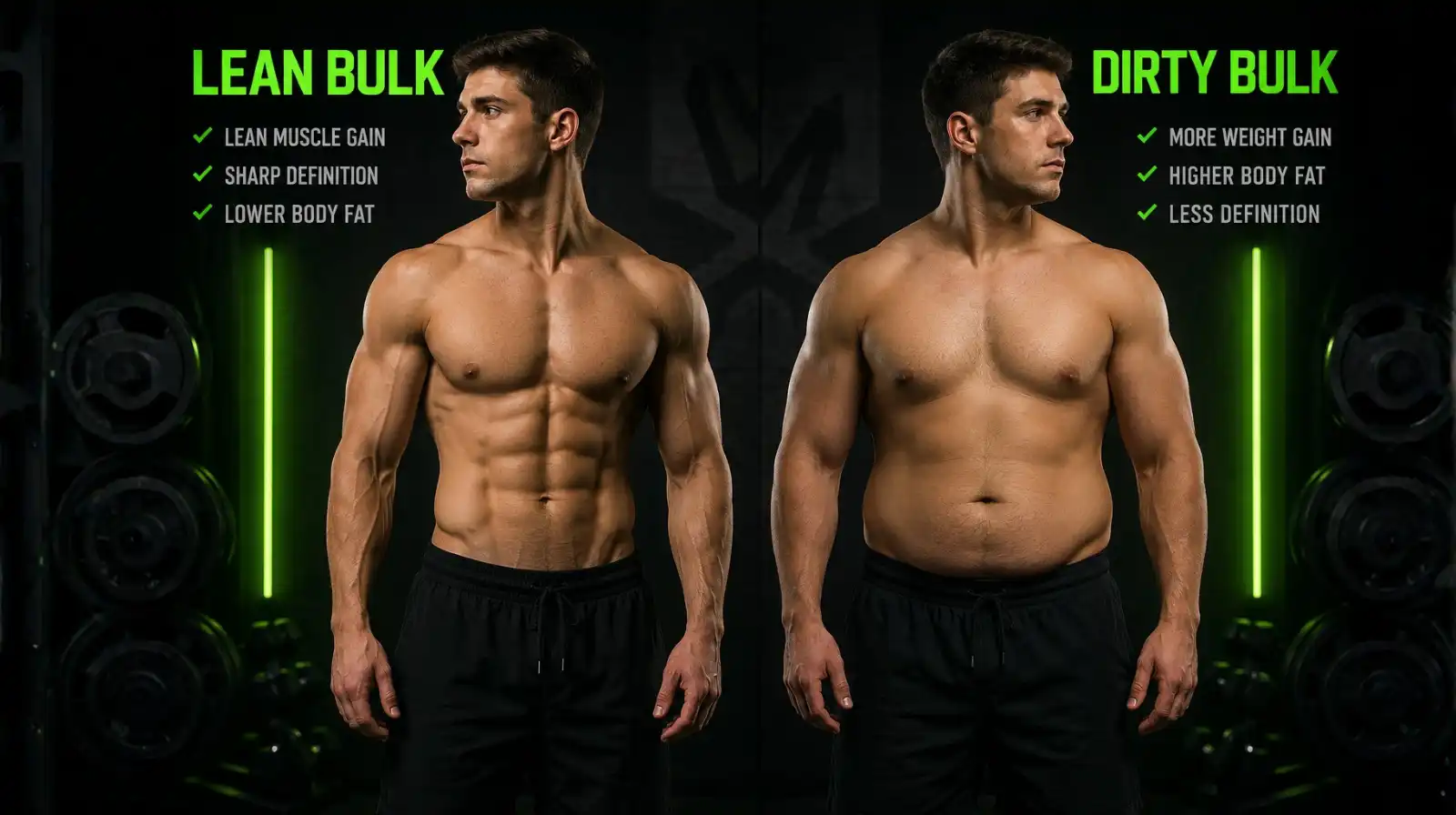 Comparison of lean bulk result (defined abs, modest size gain) vs dirty bulk result (more mass but fat coverage) after 3 months