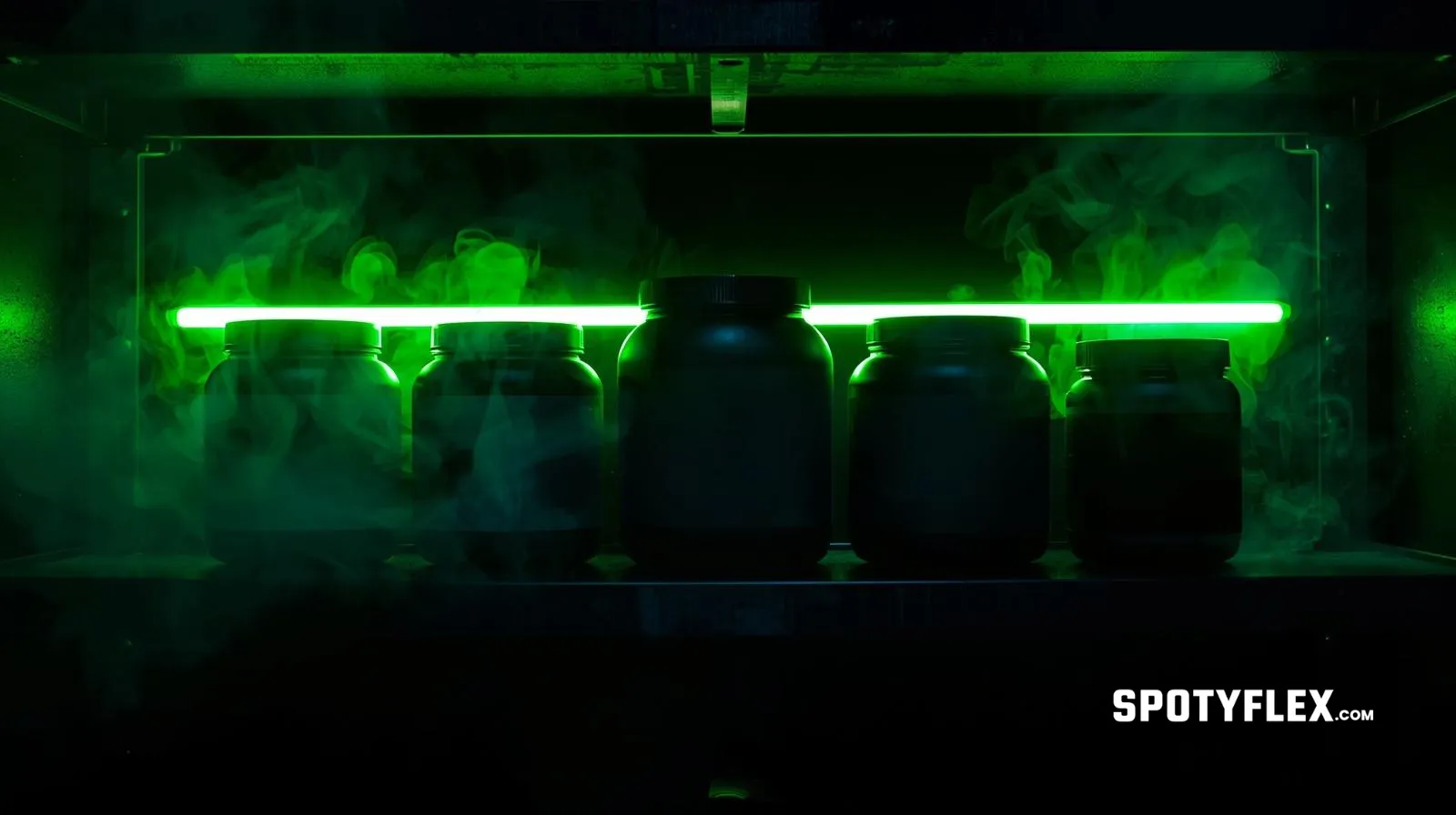 Supplement containers on a dark shelf