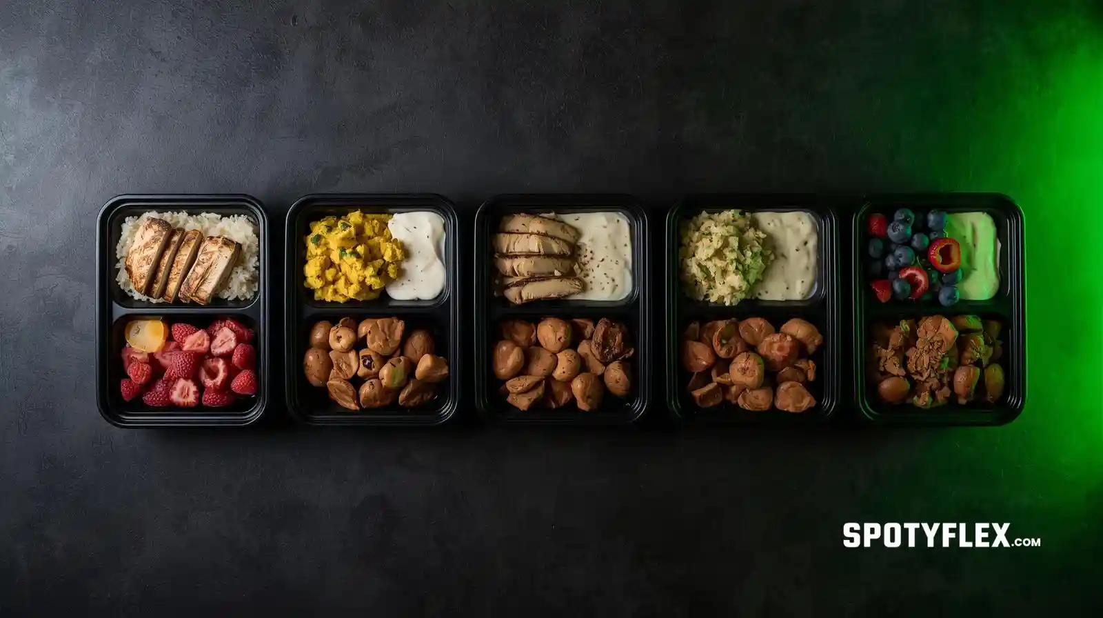 Daily meal prep containers showing a full day of nutrition
