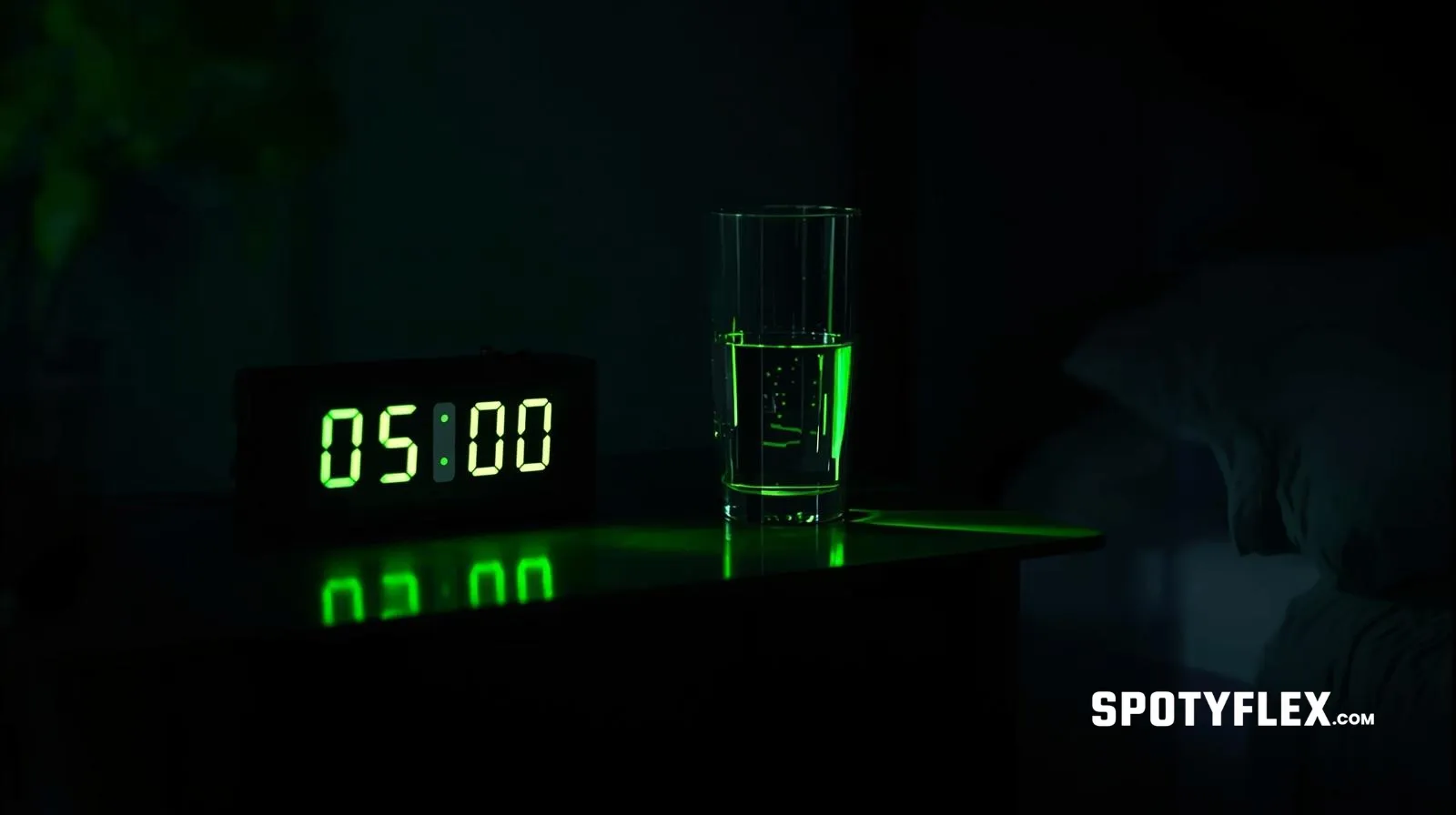 Digital clock showing 05:00 AM beside a tall glass of water, both glowing neon green on a black nightstand in a dark bedroom.