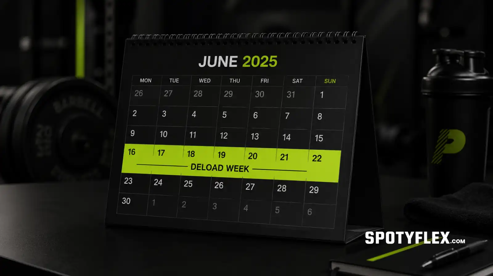 Monthly training calendar with deload week highlighted in lime green