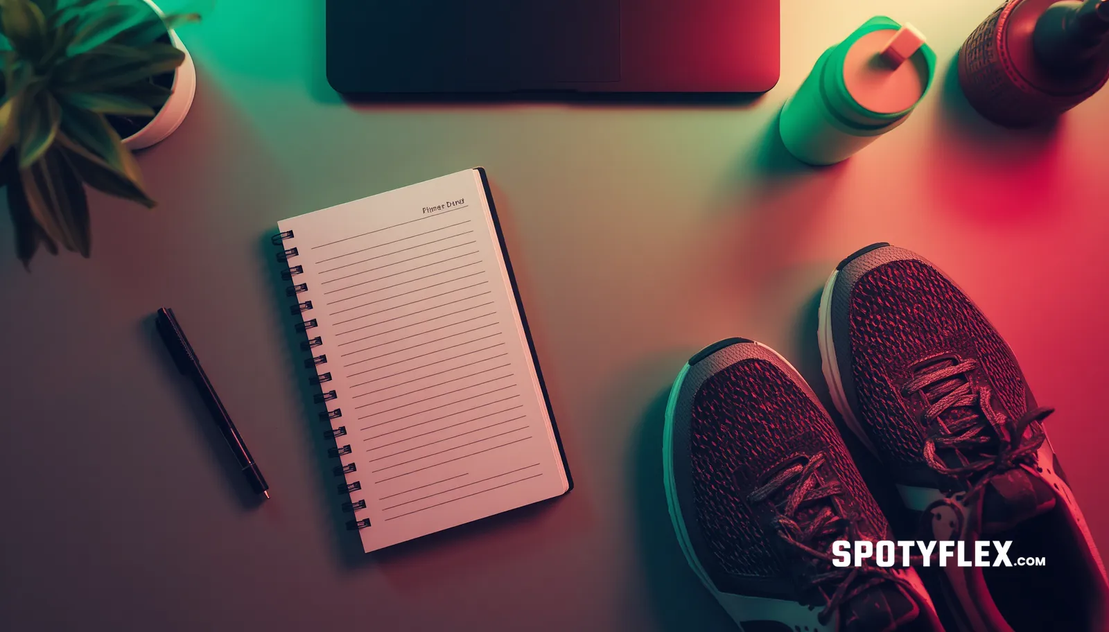 Flat lay of fitness journal water bottle and shoes representing the 90 day checklist