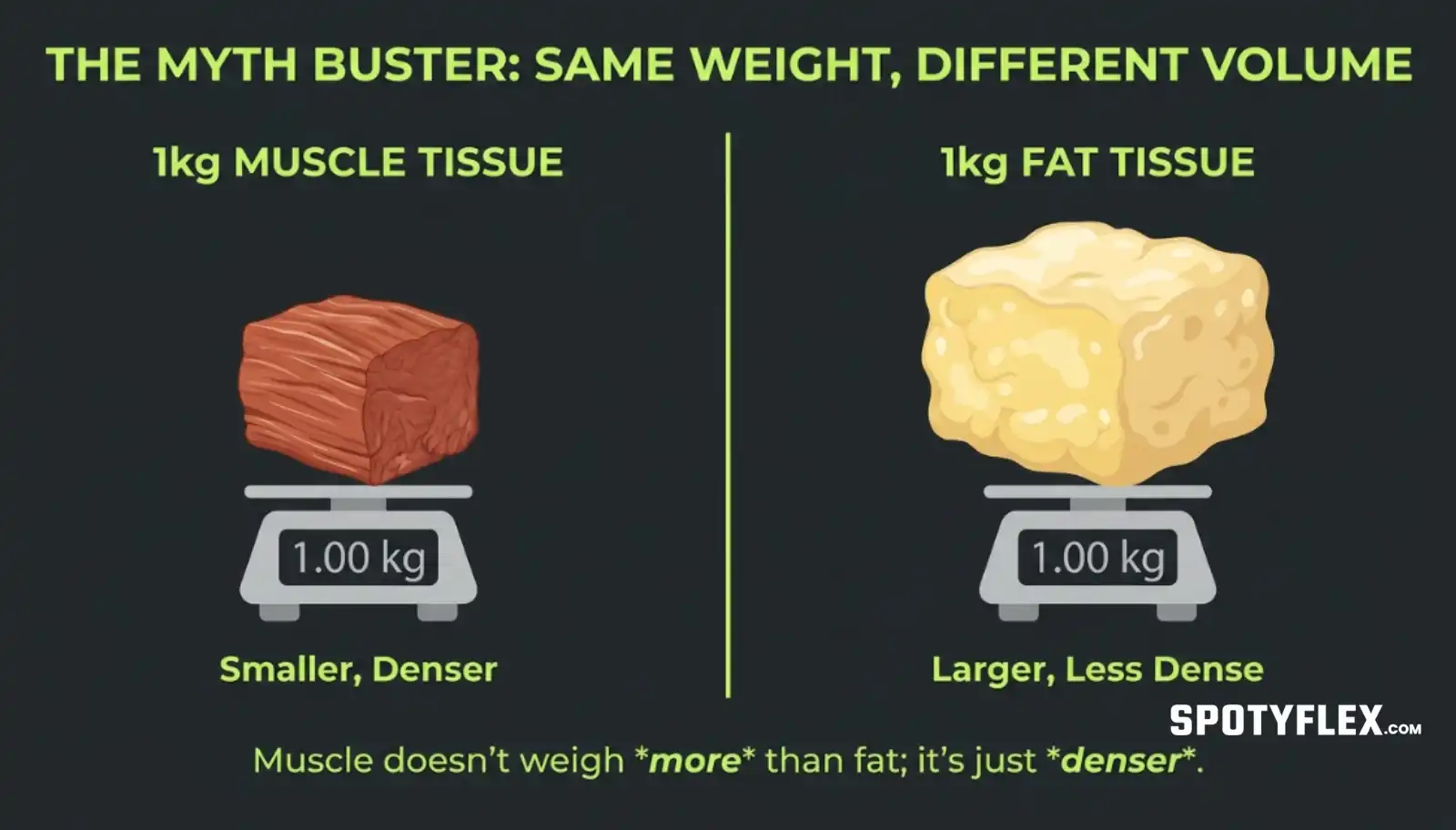 Side by side comparison graphic debunking the myth that muscle weighs more than fat, showing equal weight different volume
