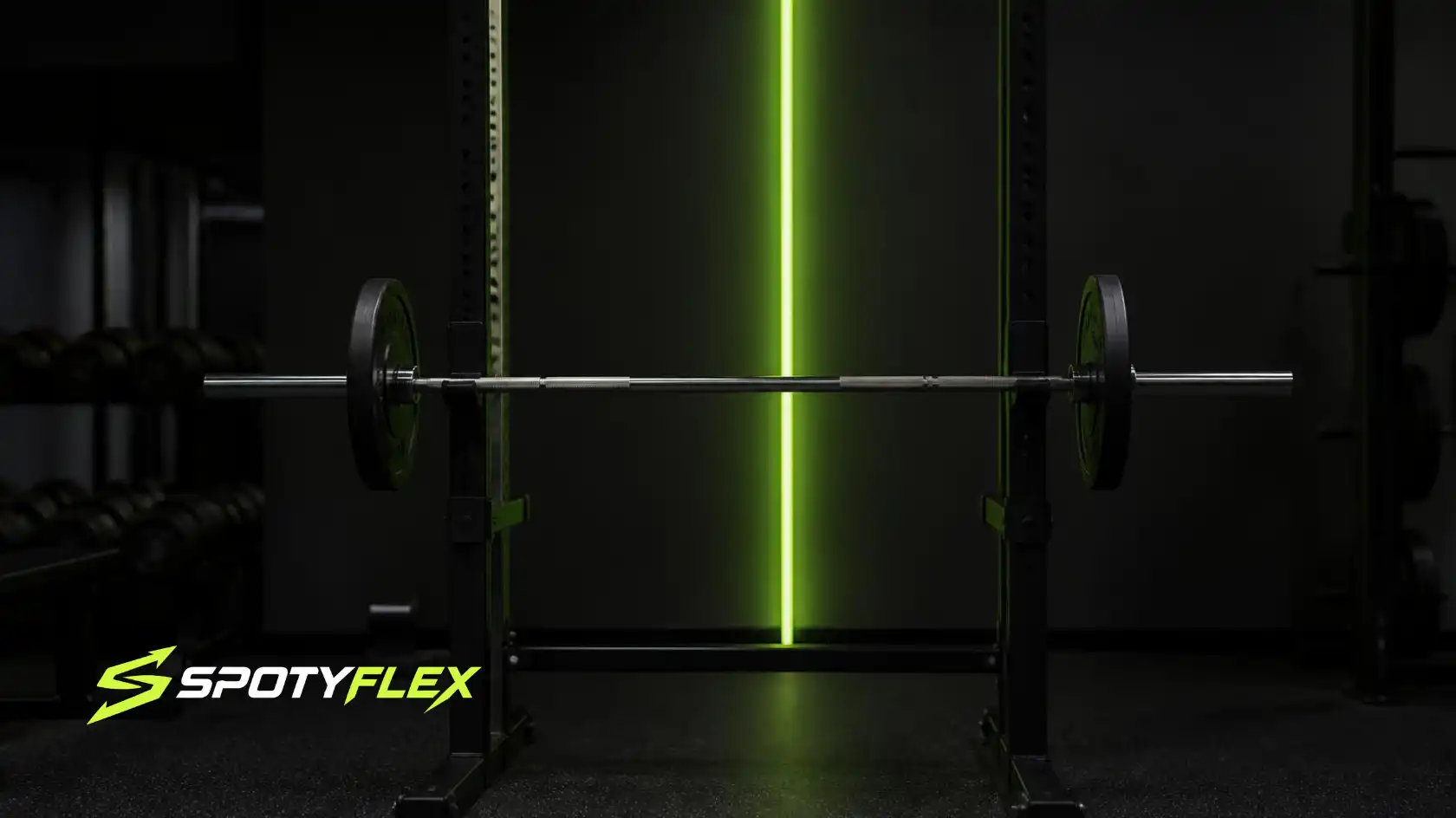 A loaded barbell on a squat rack in a dim gym with a neon green light strip glowing behind it