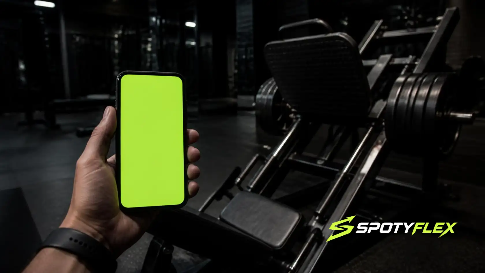 A hand holding a smartphone with a blank glowing neon green screen next to a leg press machine