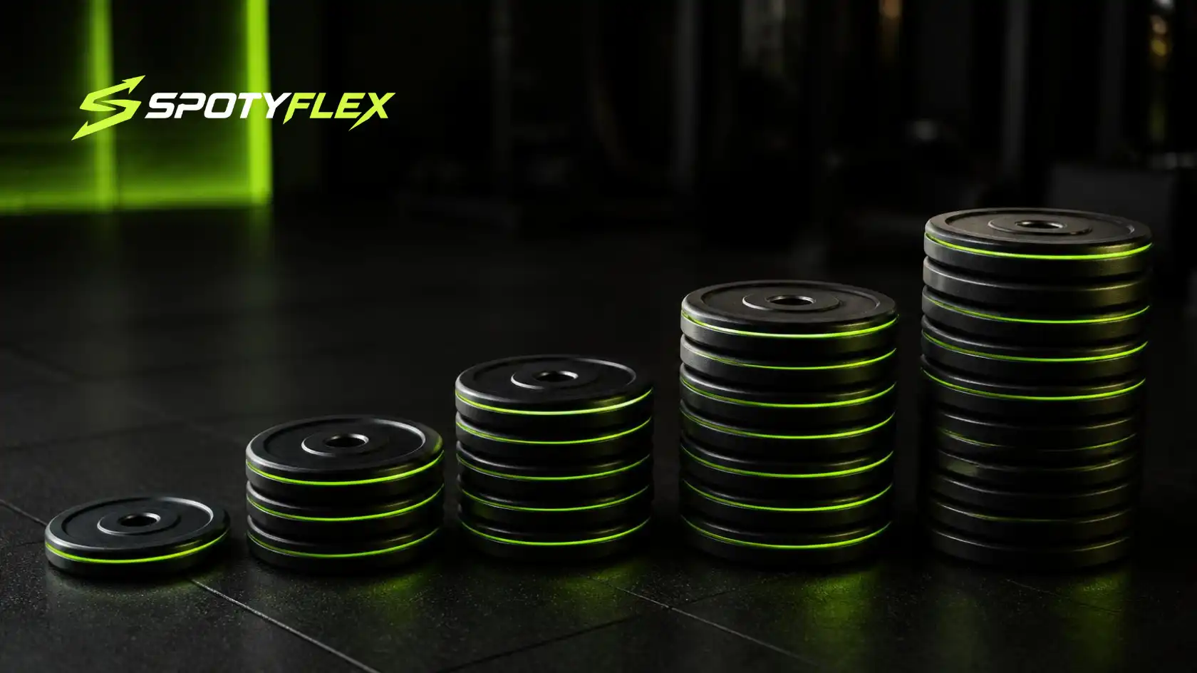 Stacks of weight plates growing from small to large on a dark gym floor with neon green edge lighting