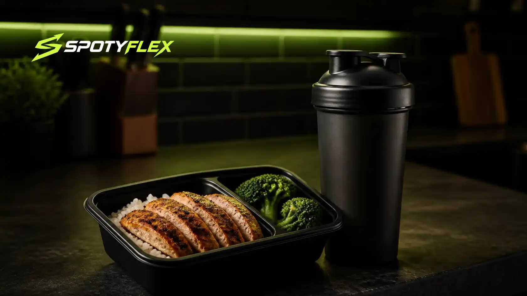 A meal prep container with chicken and rice and a plain shaker on a dark kitchen counter with neon green accent light