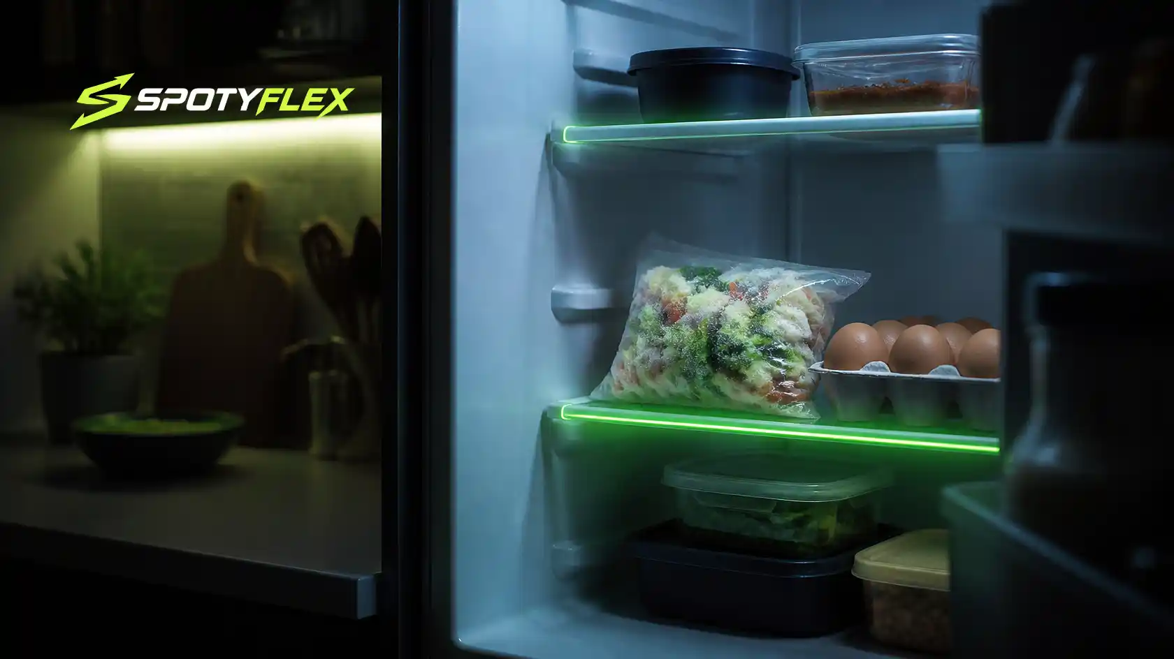 An open fridge with eggs, frozen vegetables and food containers in a dark kitchen.