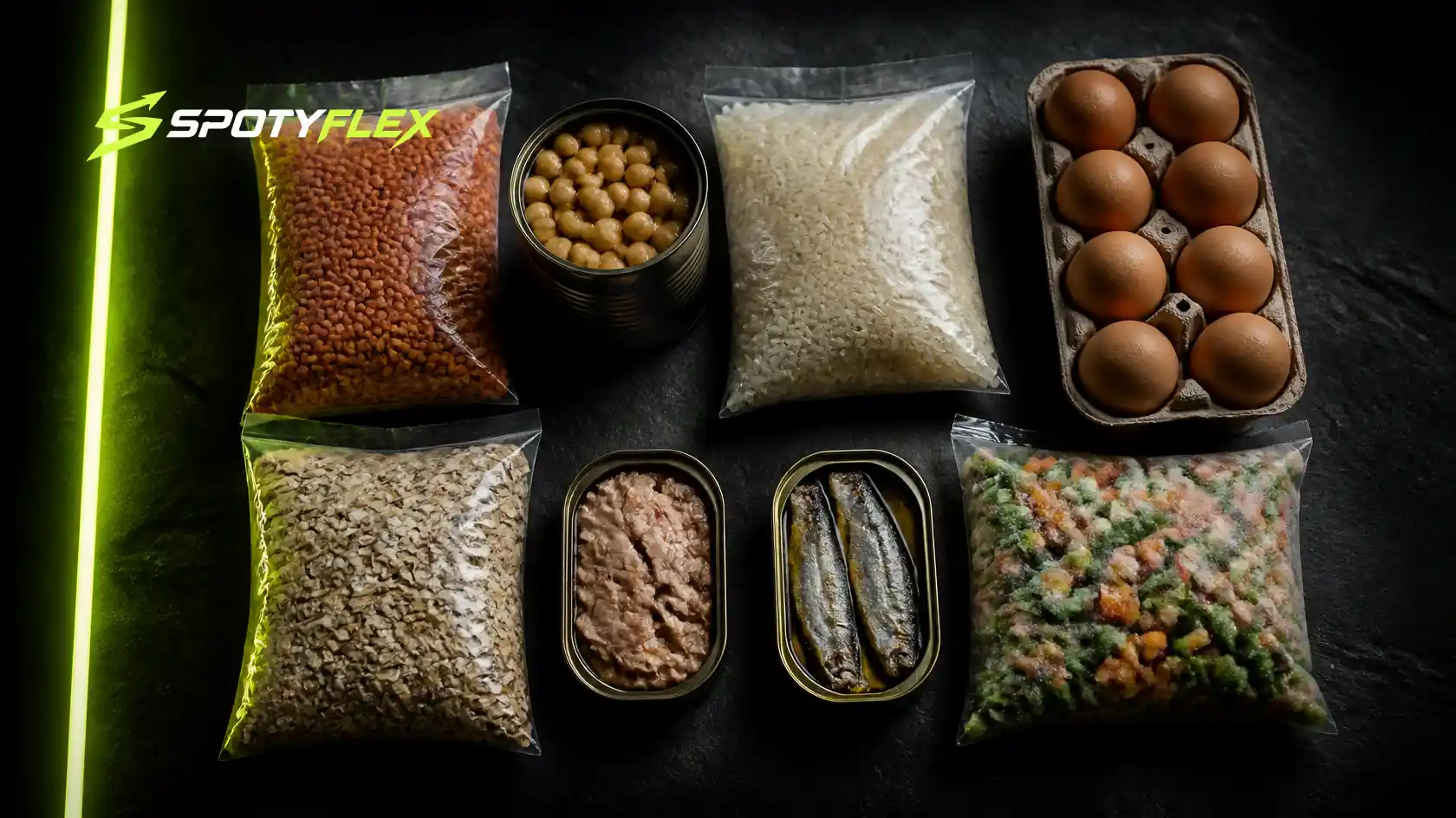 Cheap pantry staples like lentils, rice, oats, eggs and canned fish laid out on a dark surface.
