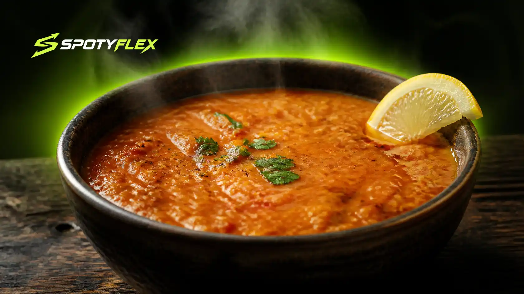 A bowl of thick red lentil soup with a lemon wedge.