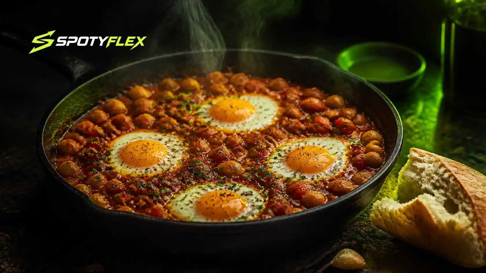 A pan of chickpea and tomato stew with four eggs cooked on top.